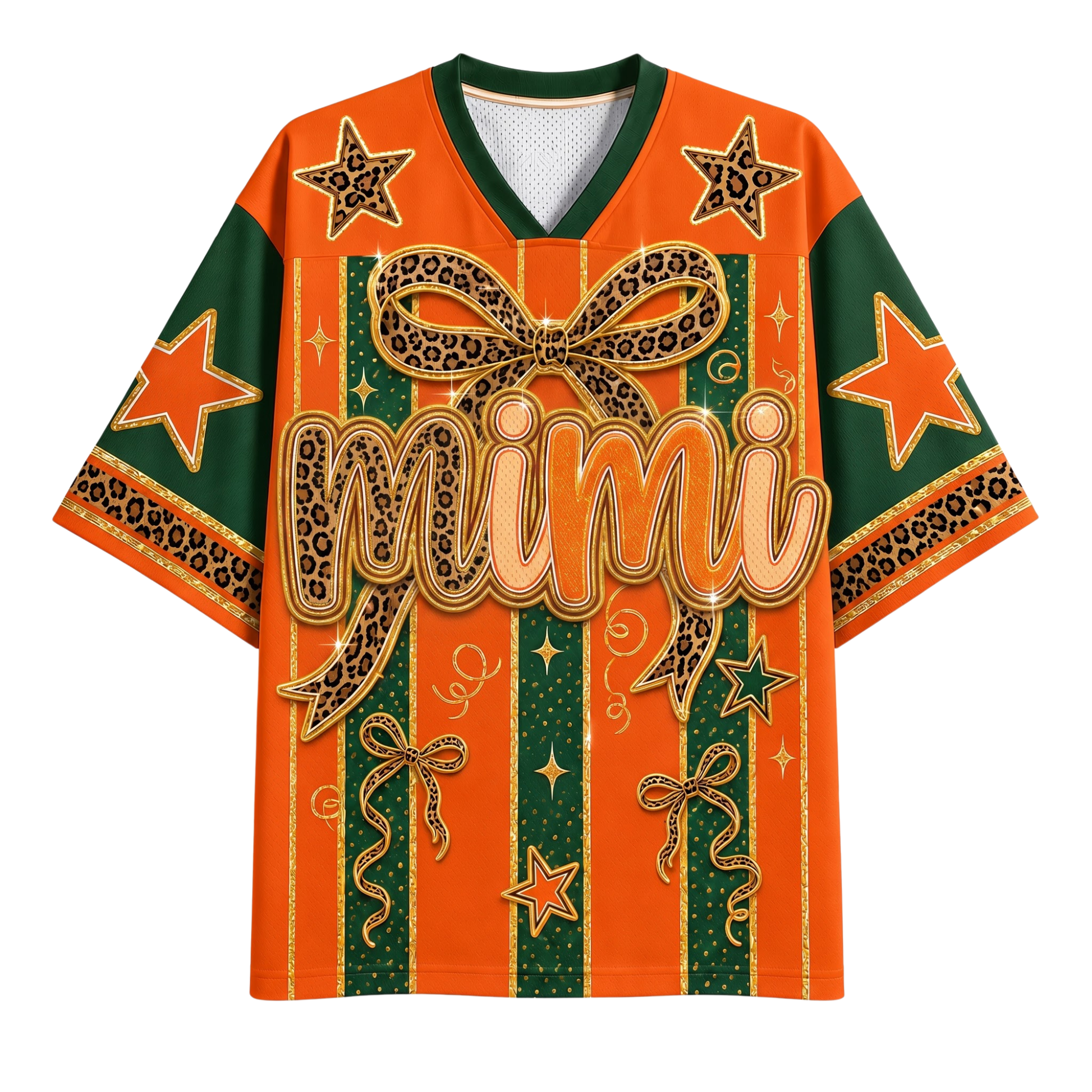 Orange and green graphic t-shirt with leopard print bow and star details, featuring the word 'mimi' across the front.