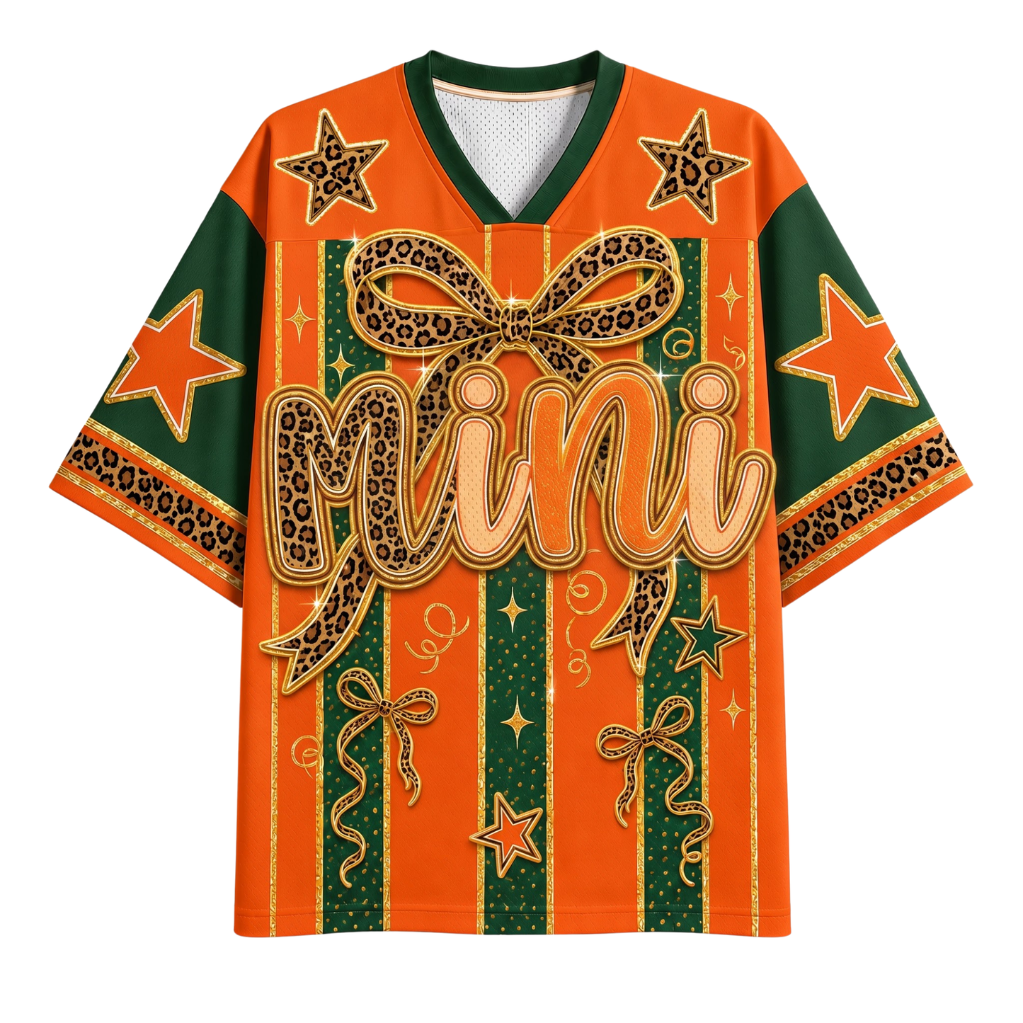 An orange and green short-sleeve V-neck t-shirt with a bold graphic design featuring leopard-print bows, stars, and the word 'Mini' in script across the front, shown on a plain white background.