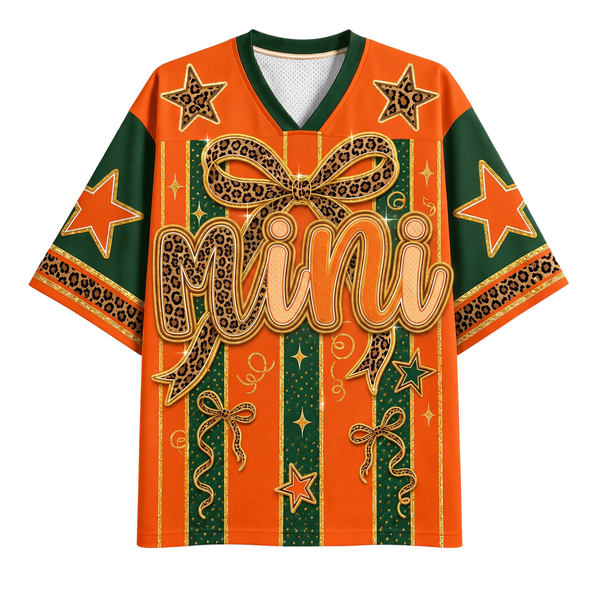 An orange and green short-sleeve V-neck t-shirt with a bold graphic design featuring leopard-print bows, stars, and the word 'Mini' in script across the front, shown on a plain white background.