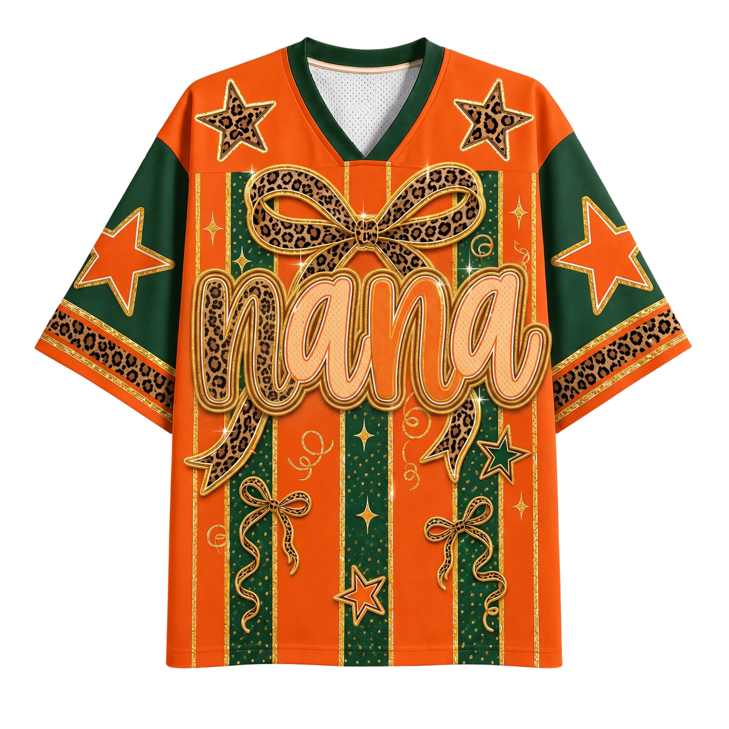 A short-sleeve V-neck graphic shirt in orange and dark green, featuring leopard-print bow and stripe details, star motifs, and the word 'Nana' across the front.