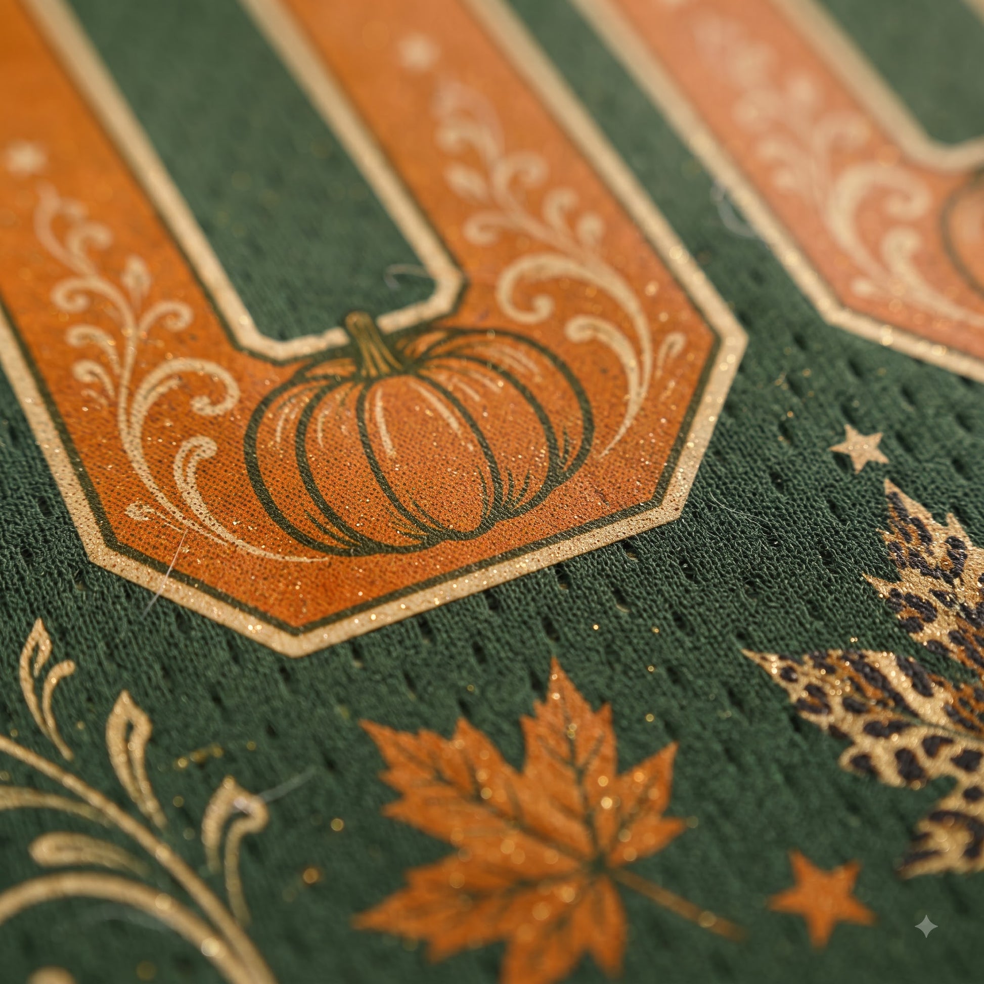 Close-up of a dark green textured fabric featuring a large orange letter U with a pumpkin motif, decorated with gold-toned scrollwork, an orange maple leaf, and small stars.