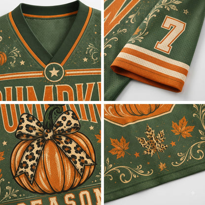 A four-panel close-up collage of a dark green mesh V-neck shirt with autumn sports-style graphics. The shirt features orange and cream stripes, a large number 7 on the sleeve, a pumpkin with a leopard-print bow graphic, and fall leaf and swirl patterns.