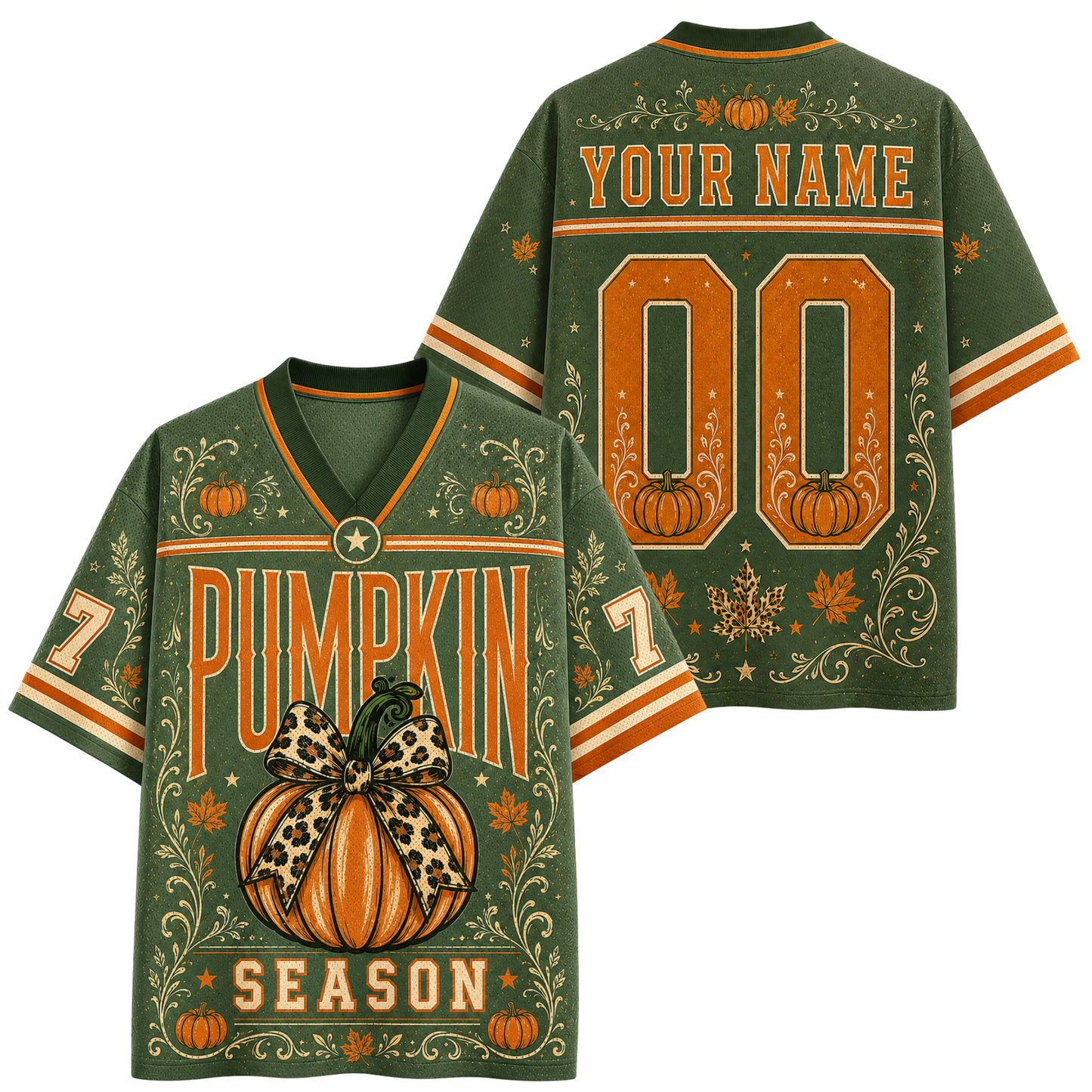 Back view of a customizable black short-sleeve jersey with orange and beige autumn-themed leaf patterns, a striped collar and cuffs, and 'YOUR NAME 10' printed in a distressed camouflage-style font.