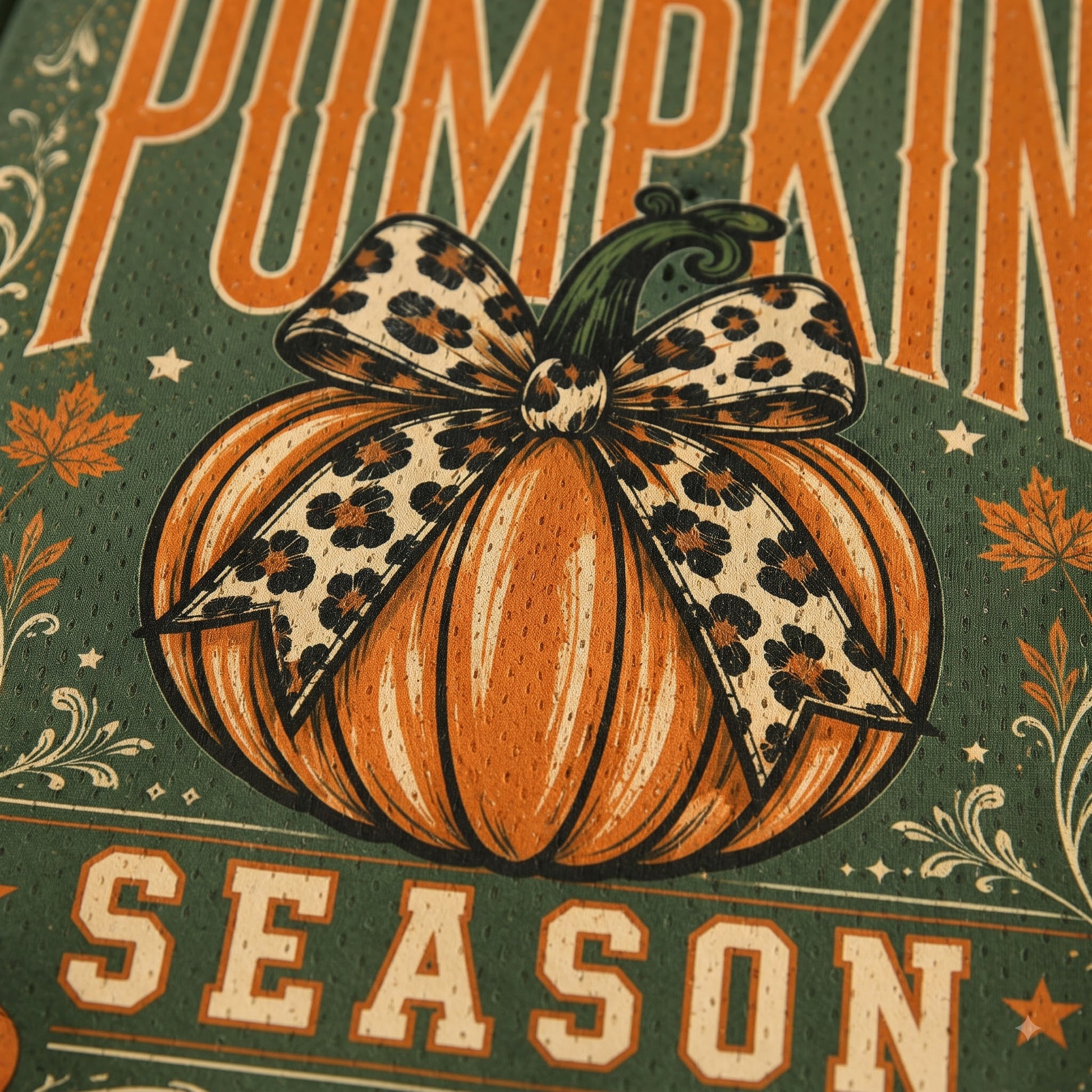 Close-up of a pumpkin graphic with a leopard-print bow on a green patterned background, with partial text reading “PUMPKIN” at the top and “SEASON” at the bottom.