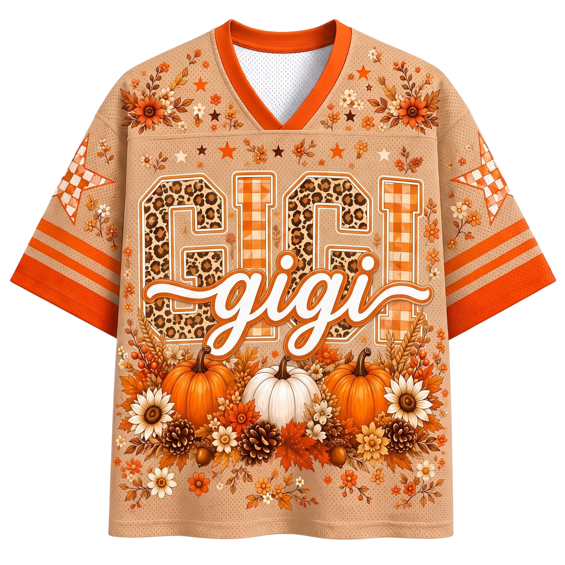A black mesh short-sleeve jersey shown from the back, featuring customizable orange and pink text reading 'YOUR NAME' above large '00' numbers. The shirt is decorated with autumn-themed graphics including pumpkins, bows, leaves, stars, a witch hat, and a cauldron, with orange, pink, and black striped sleeve cuffs.