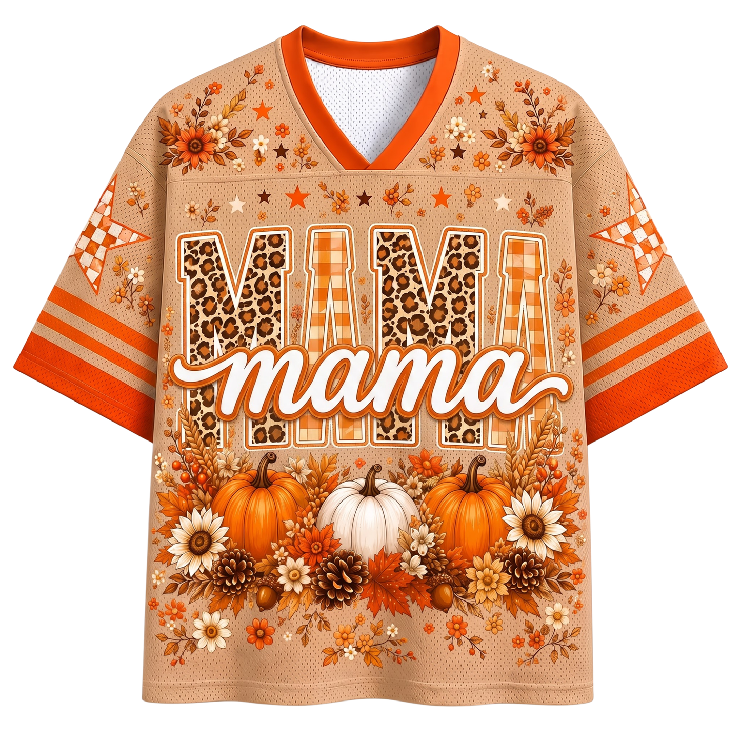 A short-sleeve V-neck graphic shirt in a warm beige tone with orange trim, featuring the word 'MAMA' in large patterned letters and an autumn floral and pumpkin print. The sleeves have orange stripes and patterned accents.