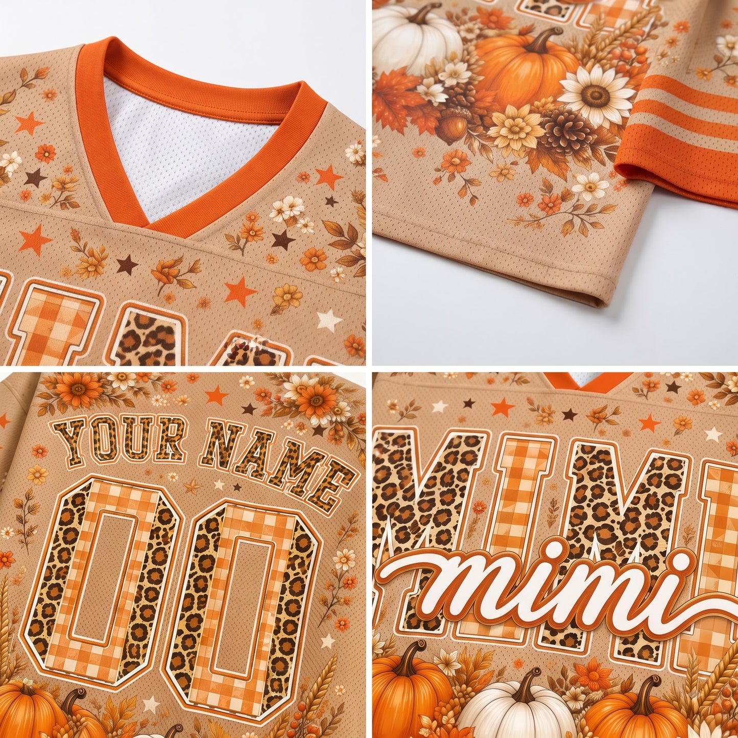 A four-panel close-up collage of a beige football-style jersey with orange trim and a fall harvest print. The panels show the collar, sleeve, and front customization areas including large gingham and leopard-print lettering, stars, pumpkins, flowers, and the text 'YOUR NAME', '00', and 'mimi'.