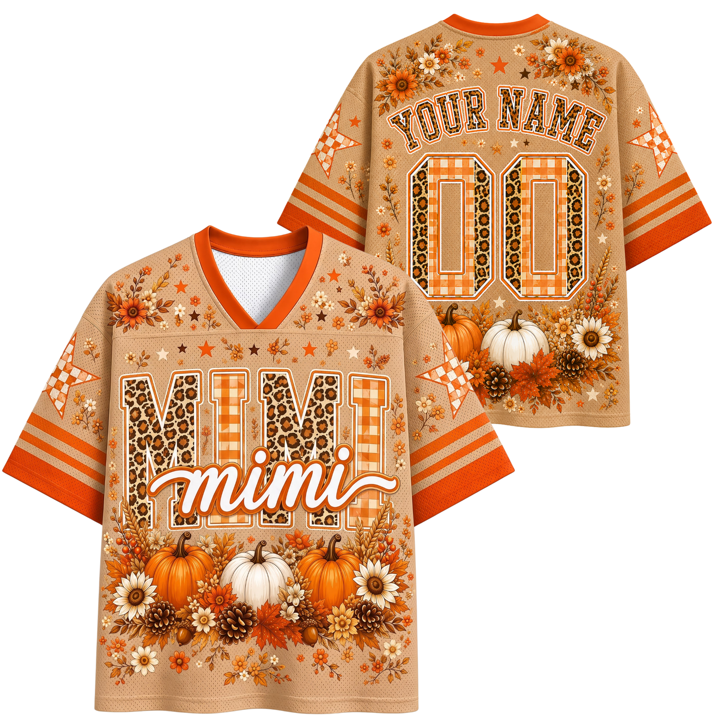 A personalized fall-themed short-sleeve V-neck jersey shirt shown from both front and back. The base color is a warm tan/beige, decorated with orange stripes, orange and brown leopard print lettering, white pumpkins, pinecones, and autumn flowers.