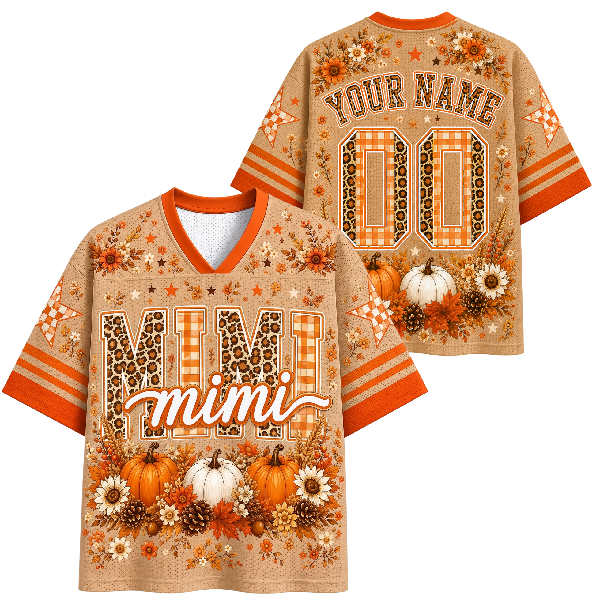 A personalized fall-themed short-sleeve V-neck jersey shirt shown from both front and back. The base color is a warm tan/beige, decorated with orange stripes, orange and brown leopard print lettering, white pumpkins, pinecones, and autumn flowers.