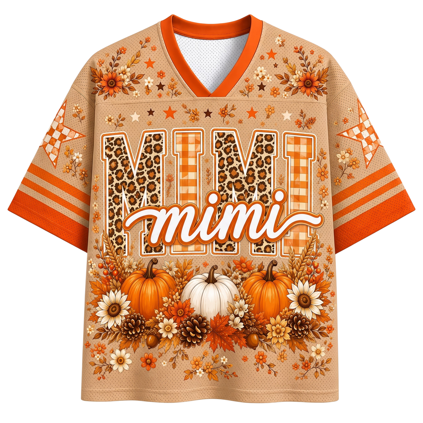A short-sleeve V-neck t-shirt with a beige mesh-like texture, featuring an autumn-themed design. The shirt has orange trim on the collar and sleeves, 'MIMI' printed in large leopard-print and plaid letters, 'mimi' in script across the center, and pumpkins, flowers, and pinecones at the bottom.