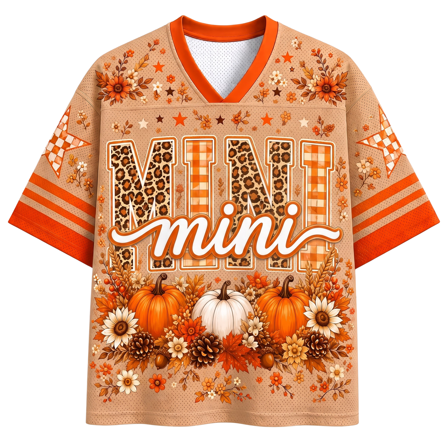 A black mesh V-neck jersey shown from the front and back, decorated with a colorful Halloween theme. The front features a central graphic of a creepy doll character in a knit hat and scarf holding a drink and a cookie, surrounded by pumpkins, bows, and stars.