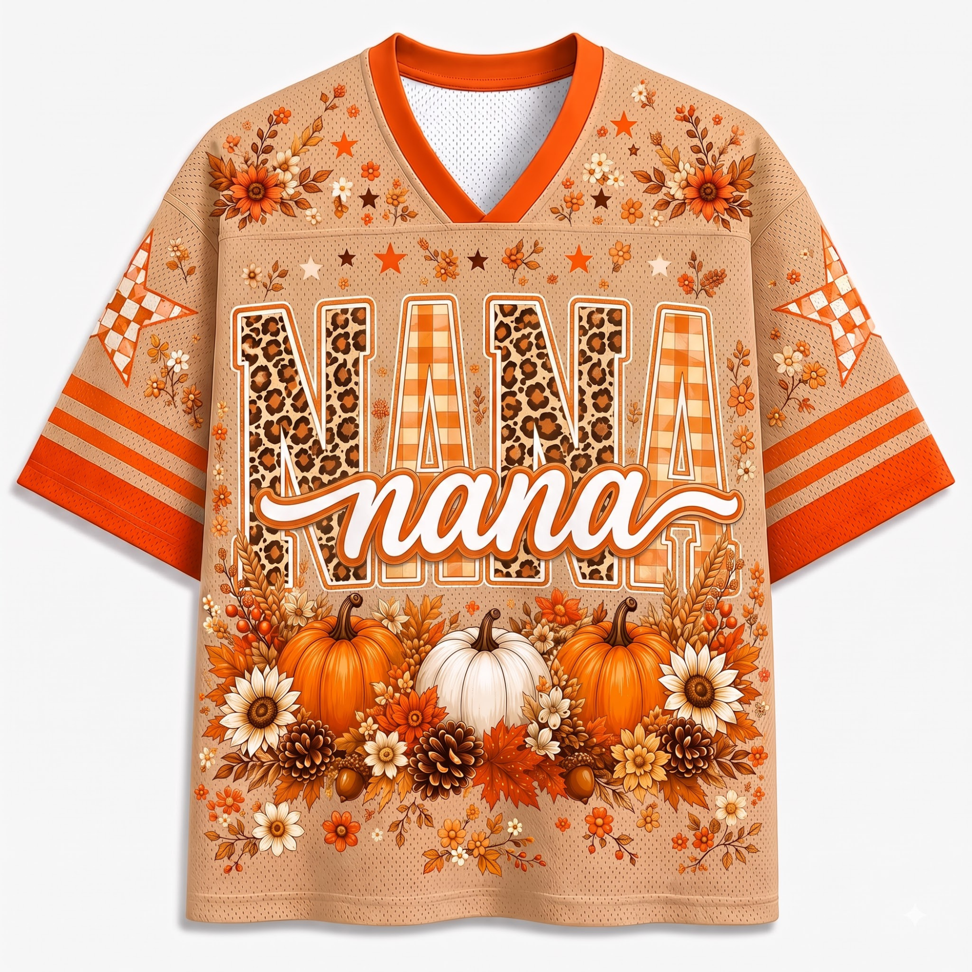 A short-sleeve V-neck t-shirt with a beige mesh-like background, featuring a festive autumn theme. The design includes the word 'NANA' in large leopard-print and striped letters, a white script 'nana' across the center, orange pumpkins, white and orange flowers, pinecones, and orange leaves.
