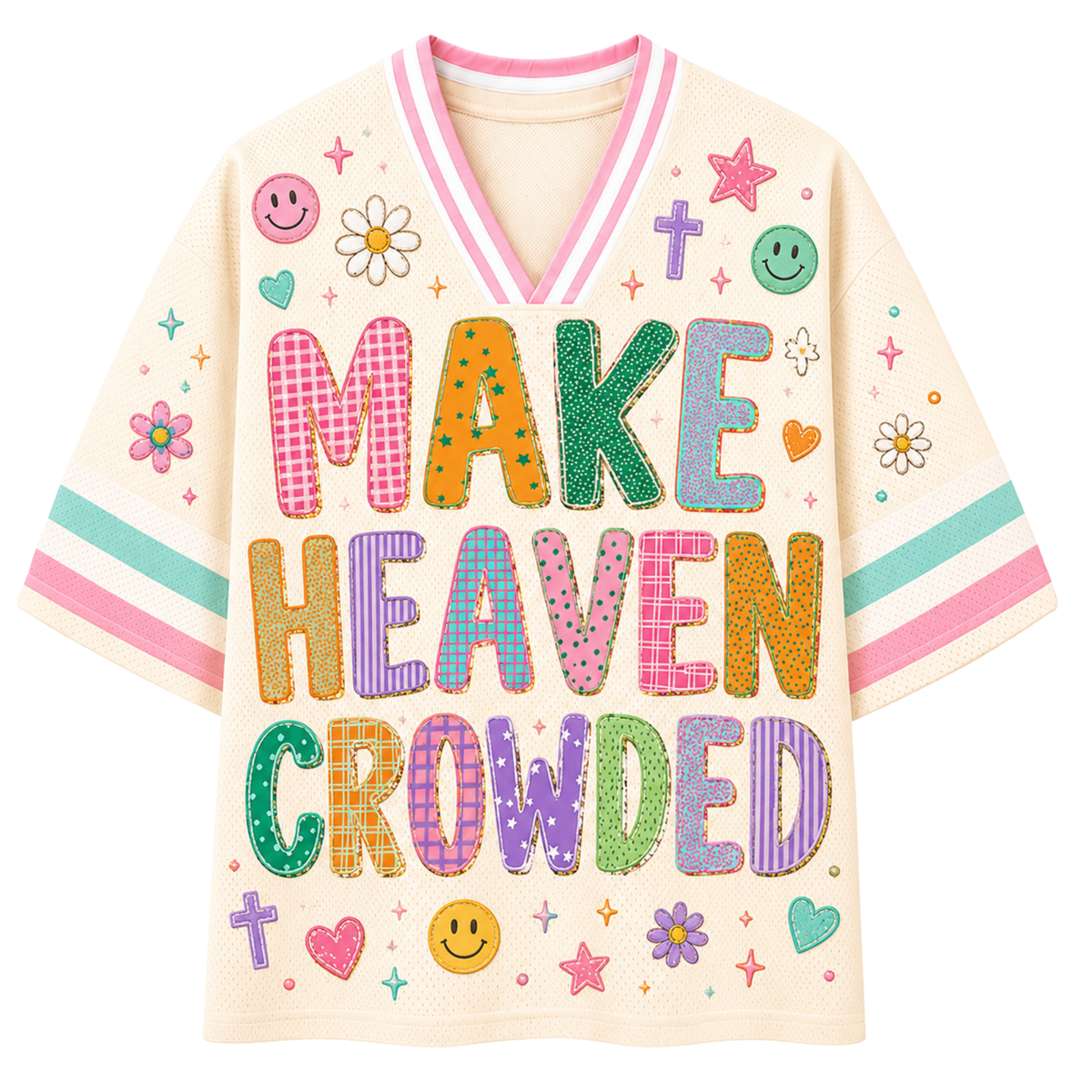 A purple short-sleeve V-neck T-shirt with orange trim, featuring a Halloween-themed graphic print with the text 'YOU'LL FLOAT TOO' in large decorative letters, along with ghosts, bats, stars, webs, and balloons on a white background.
