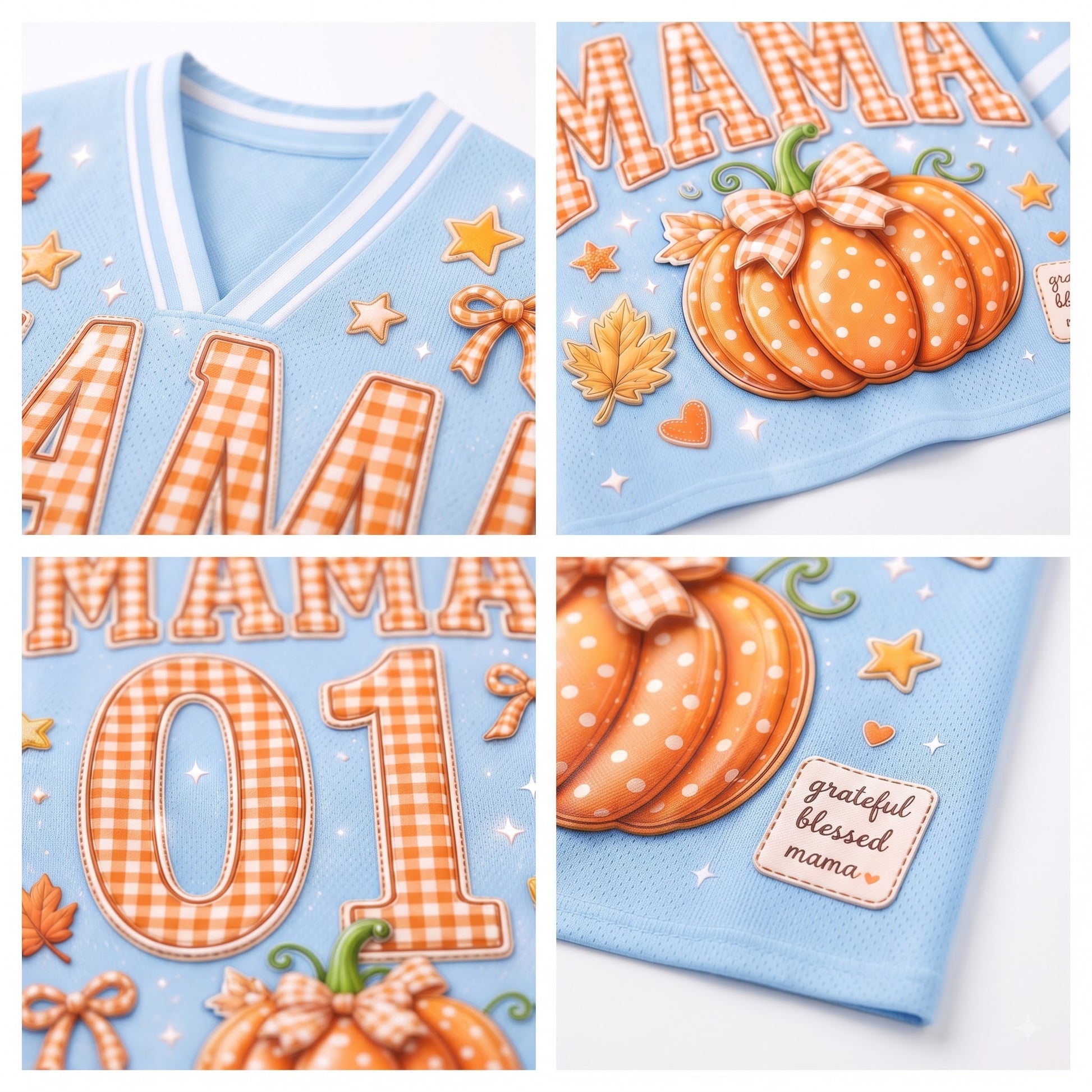 A 2x2 collage showing close-up views of a light blue V-neck top with autumn-themed applique details, including orange gingham lettering, pumpkins with bows, stars, leaves, and a small patch reading 'grateful blessed mama'.