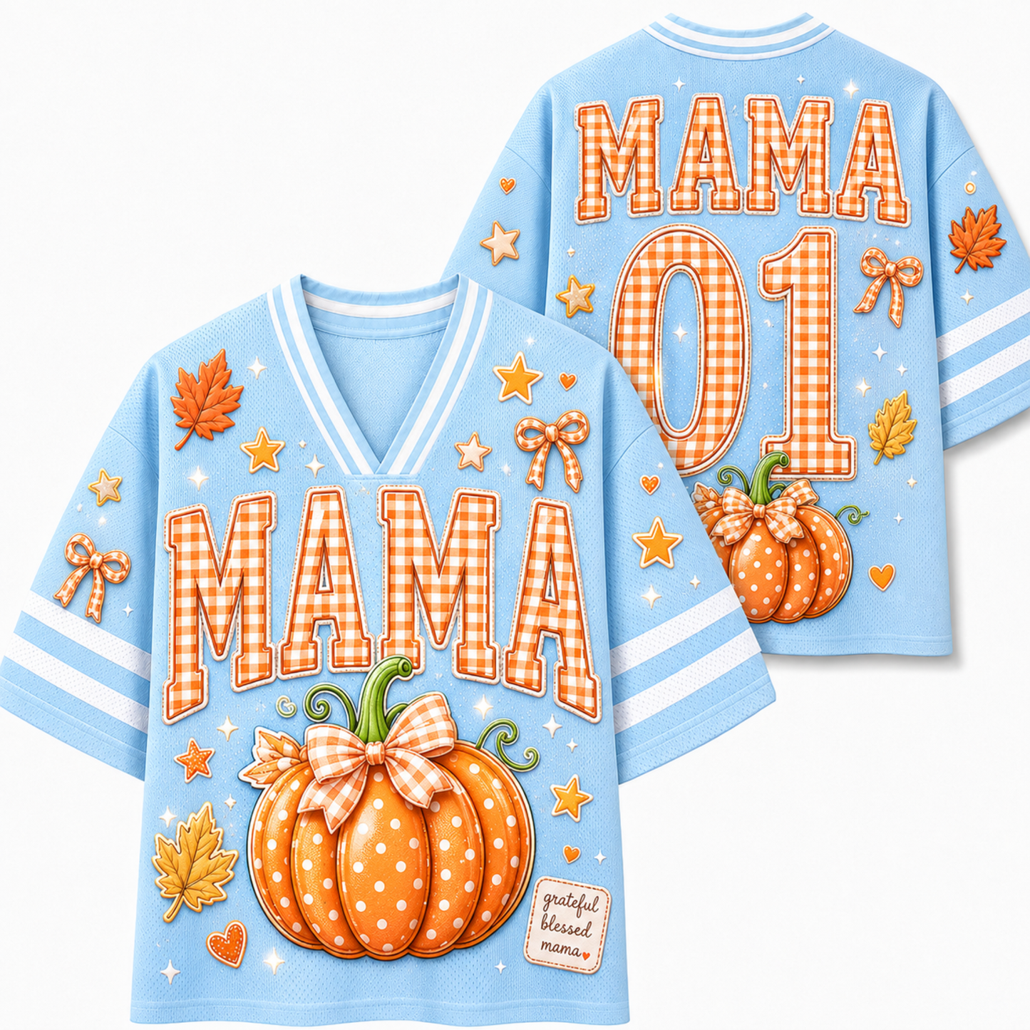 A black short-sleeve V-neck t-shirt with an orange and brown Halloween graphic featuring the word 'MAMA' filled with skulls and pumpkins, a crescent moon, bats, and jack-o'-lanterns.