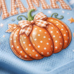 Close-up of a light blue knit garment featuring a large orange pumpkin applique with white polka dots, a gingham bow, and partial gingham lettering at the top.
