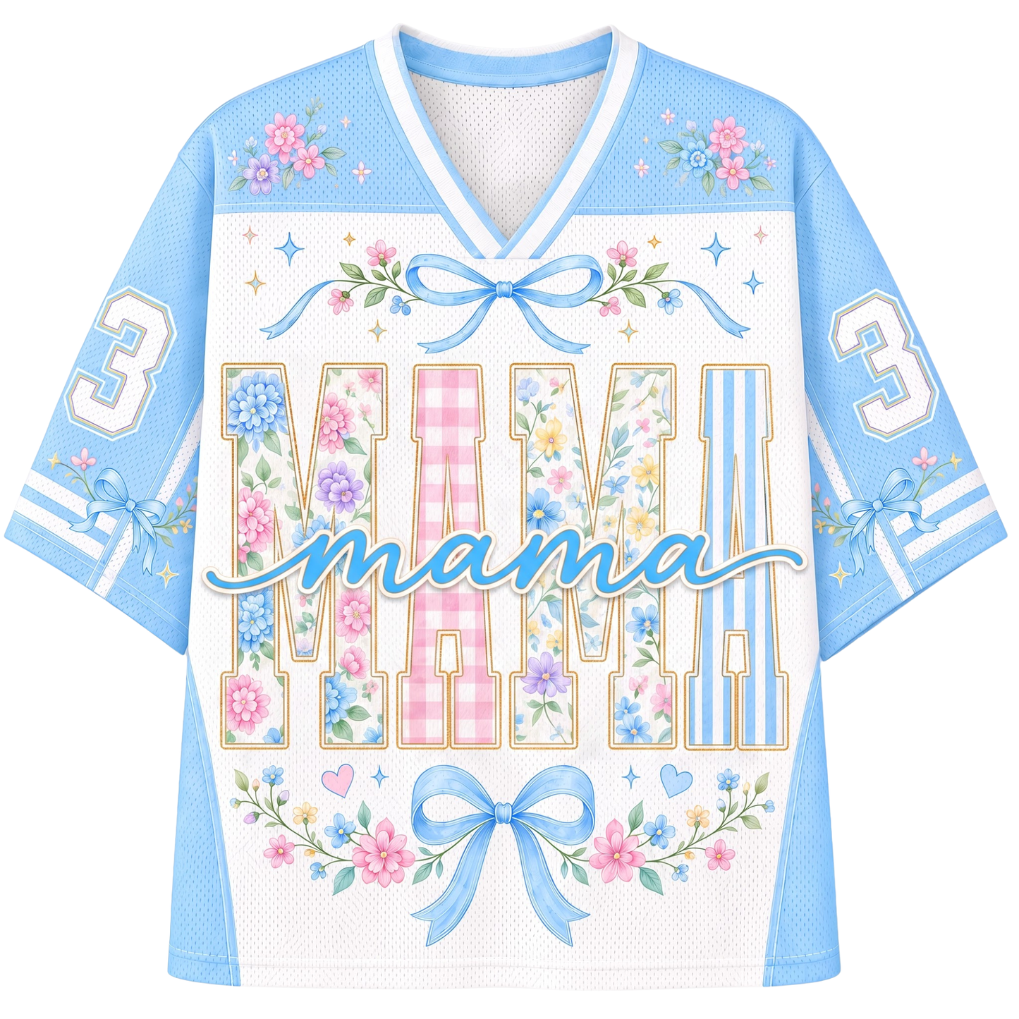 A women's short-sleeve V-neck jersey-style top in light blue and white mesh, decorated with floral patterns, bows, stars, and the word 'MAMA' across the front, with the number 3 on each sleeve.