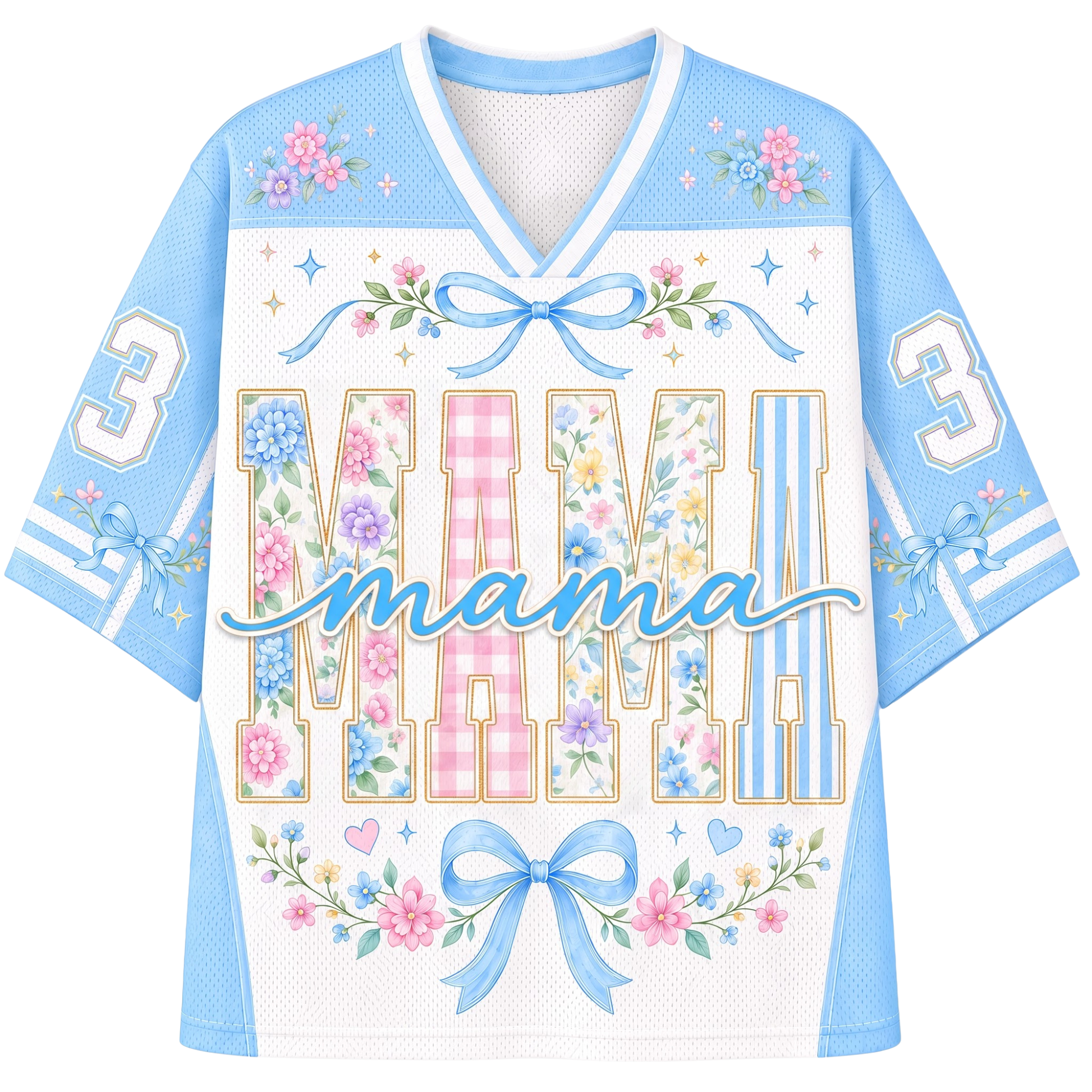 A women's short-sleeve V-neck jersey-style top in light blue and white mesh, decorated with floral patterns, bows, stars, and the word 'MAMA' across the front, with the number 3 on each sleeve.