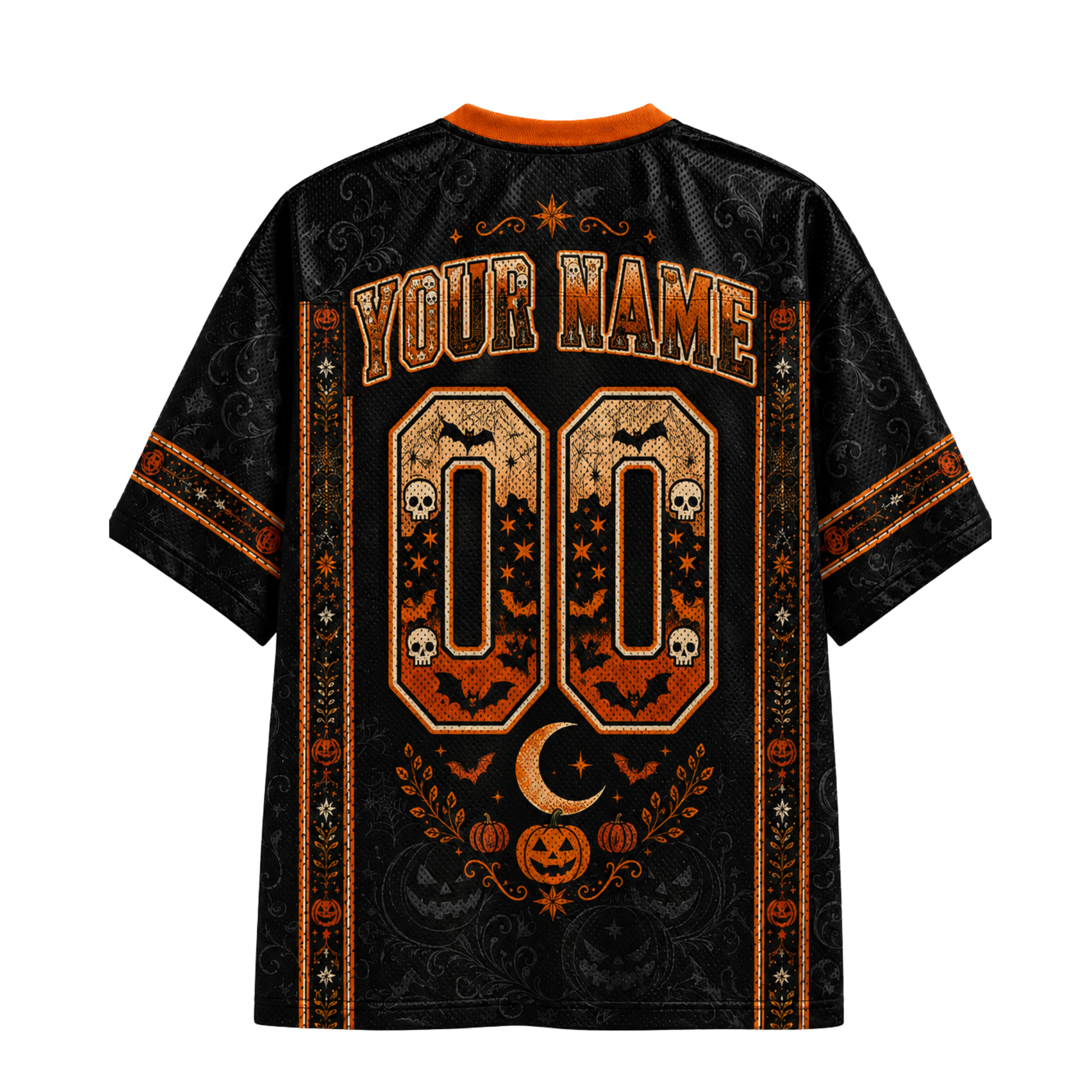 Black short-sleeve t-shirt with orange and brown Halloween-themed graphic print on the back, featuring customizable text 'YOUR NAME' and number '00' with bats, skulls, pumpkins, and a crescent moon.