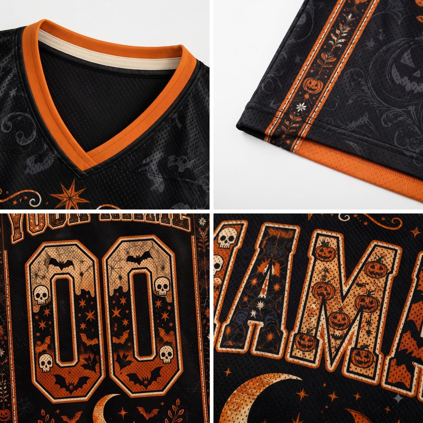 A four-panel close-up collage of a black V-neck jersey with orange trim and Halloween-themed graphics, including bats, skulls, pumpkins, stars, and large decorative lettering.