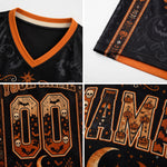 A four-panel close-up collage of a black V-neck jersey with orange trim and Halloween-themed graphics, including bats, skulls, pumpkins, stars, and large decorative lettering.