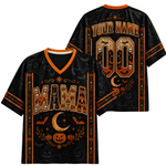 Black and orange Halloween-themed V-neck t-shirt shown from both front and back. The front features 'MAMA' in large gothic letters with jack-o'-lanterns, bats, and a crescent moon.
