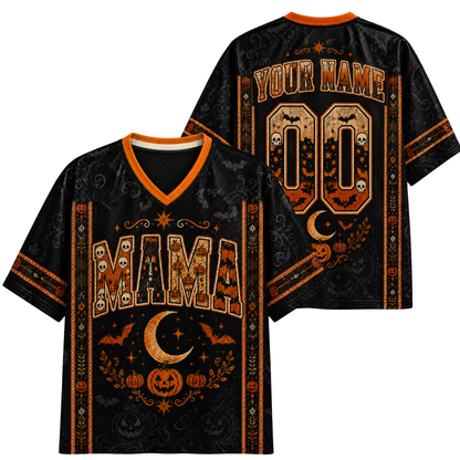 Black and orange Halloween-themed V-neck t-shirt shown from both front and back. The front features 'MAMA' in large gothic letters with jack-o'-lanterns, bats, and a crescent moon.