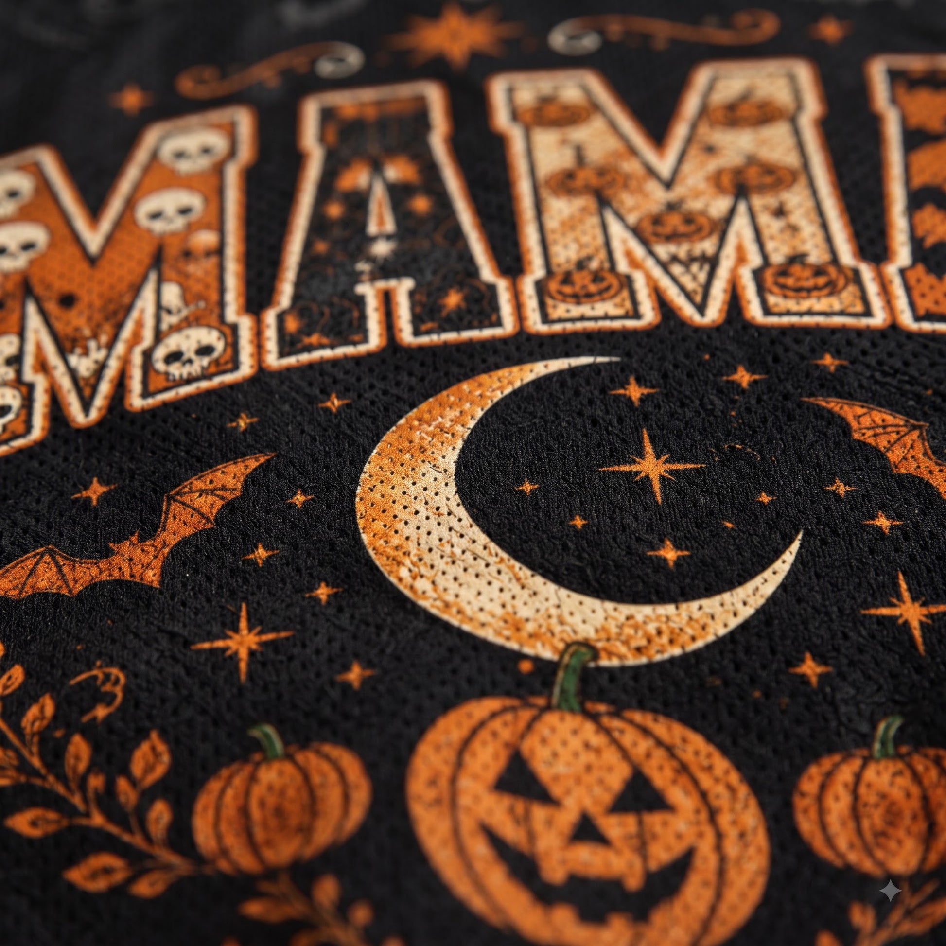 Close-up of a black fabric surface with orange Halloween-themed lettering and motifs, including large outlined letters, stars, bats, pumpkins, and a crescent moon.