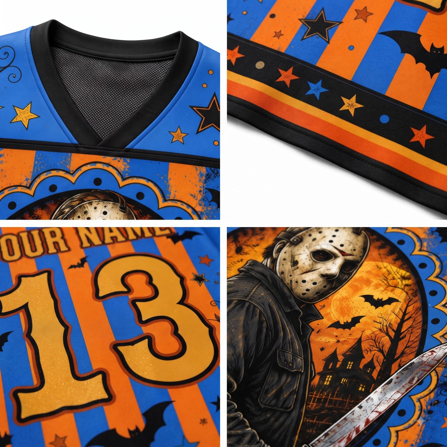 A four-panel close-up collage of a Halloween-themed sports jersey. The top-left panel shows the blue and orange V-neck collar with black trim.