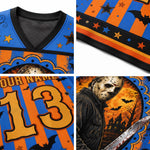 A four-panel close-up collage of a Halloween-themed sports jersey. The top-left panel shows the blue and orange V-neck collar with black trim.