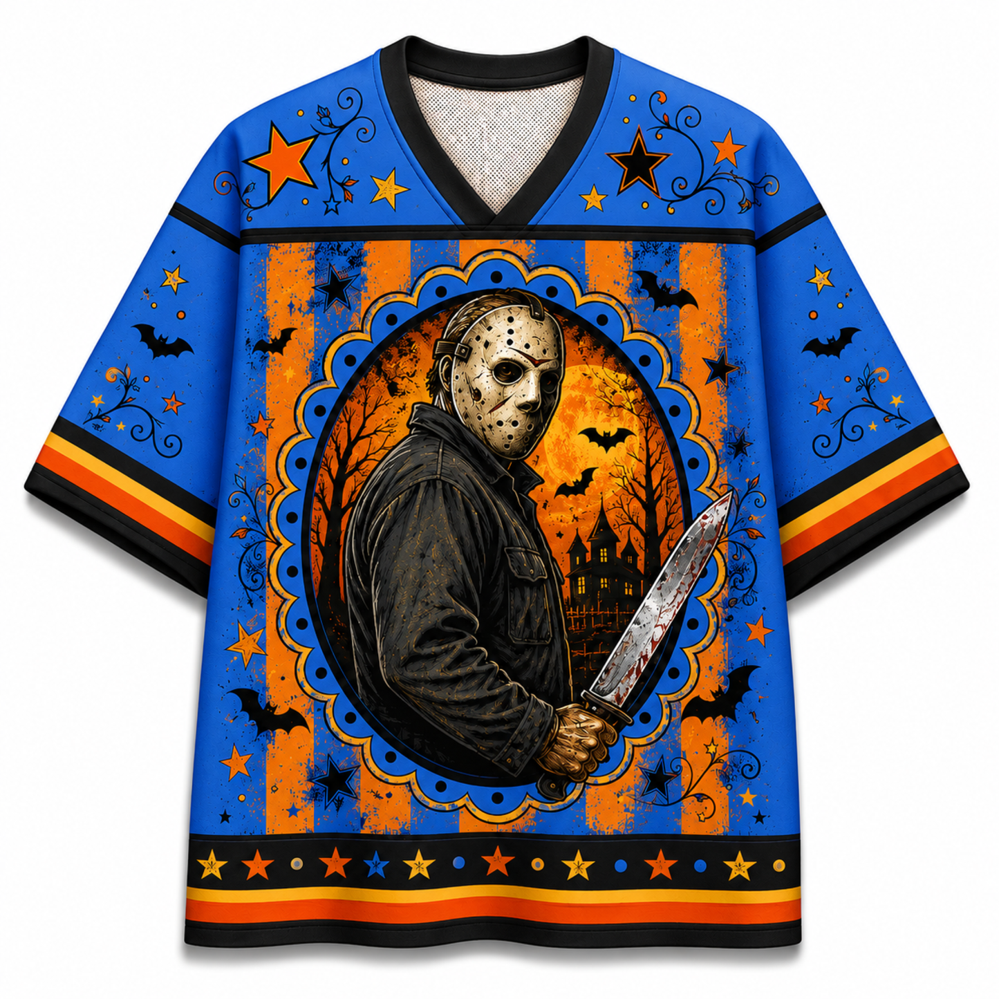 A short-sleeve V-neck T-shirt with a Halloween-themed horror graphic print. The design features a central oval portrait of Jason Voorhees holding a bloody knife, set against orange and blue striped background elements with bats, stars, and a haunted house motif.