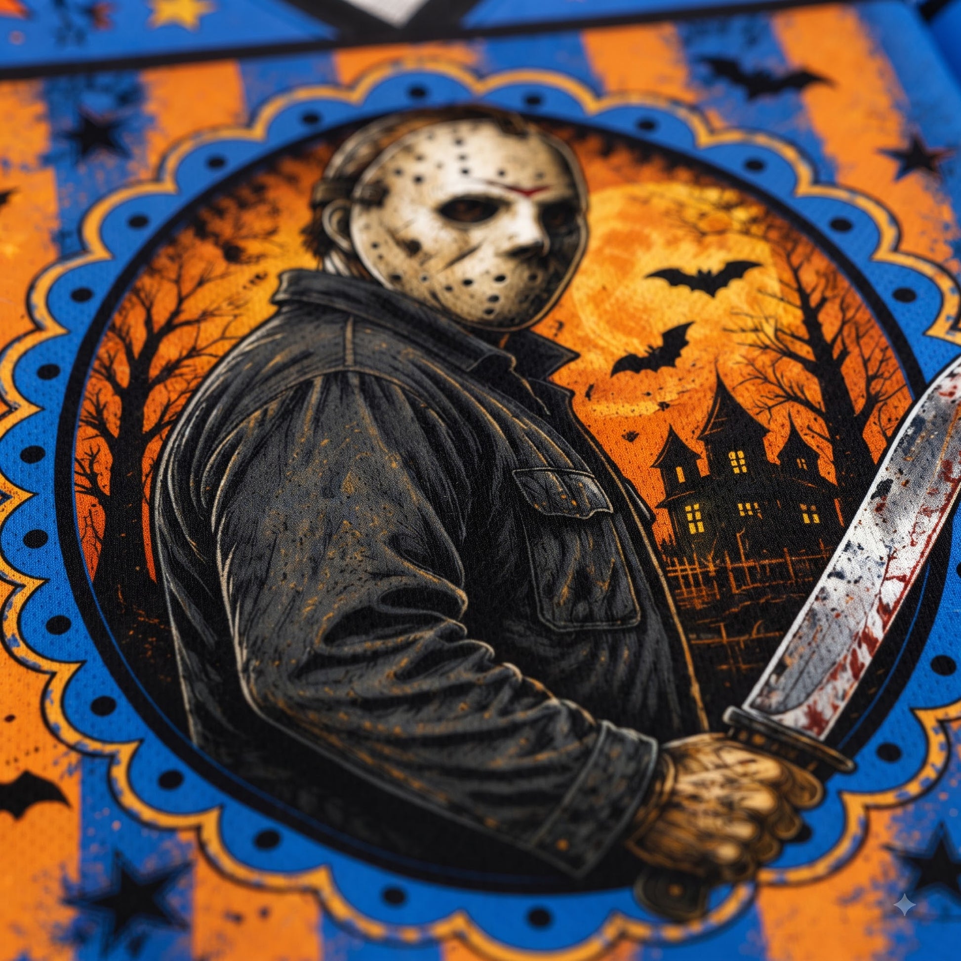 A Halloween-themed graphic print featuring a masked figure in a dark jacket holding a blood-stained knife, set against a haunted house and bats at night. The artwork is framed by a blue and orange patterned border with stars and decorative scalloped edges.