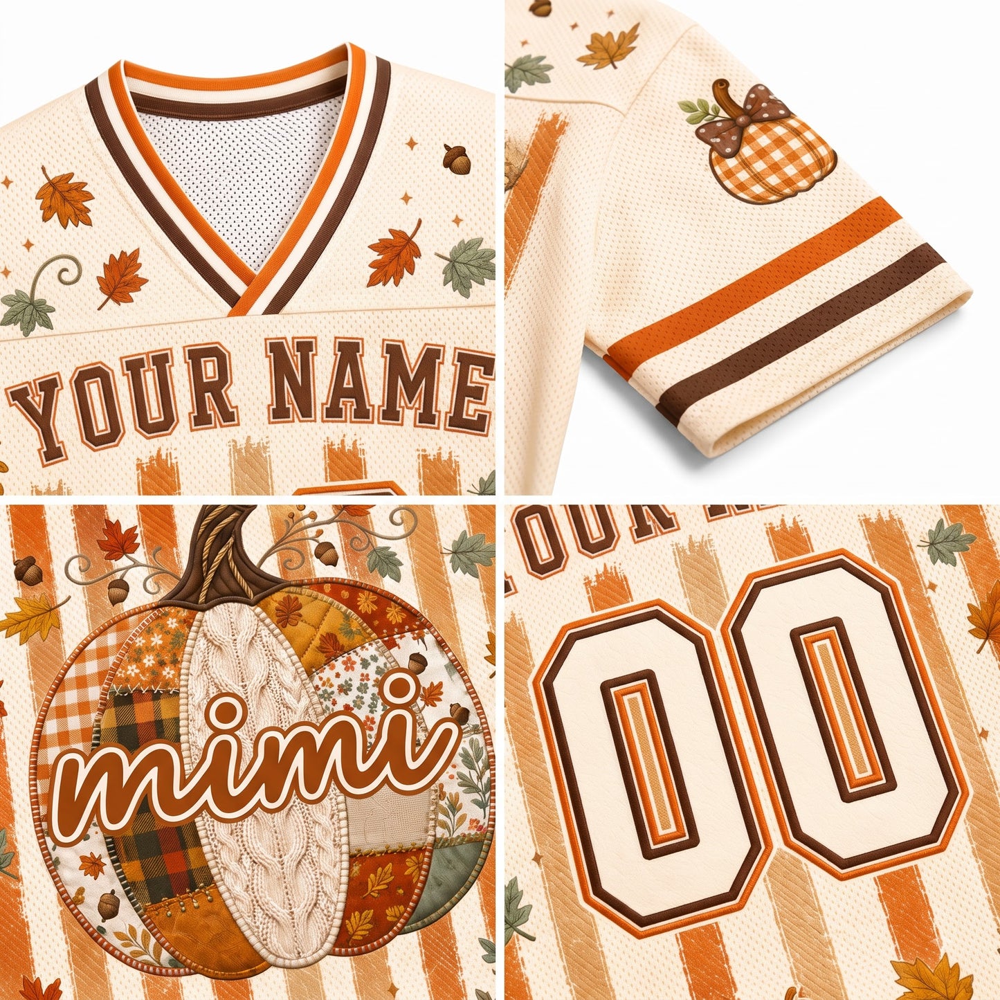 A four-panel collage showing a customizable autumn-themed sports jersey. The jersey has a cream mesh base with orange and brown striped trim, a patchwork pumpkin design, fall leaves, and customizable text reading 'YOUR NAME' and number '00'.