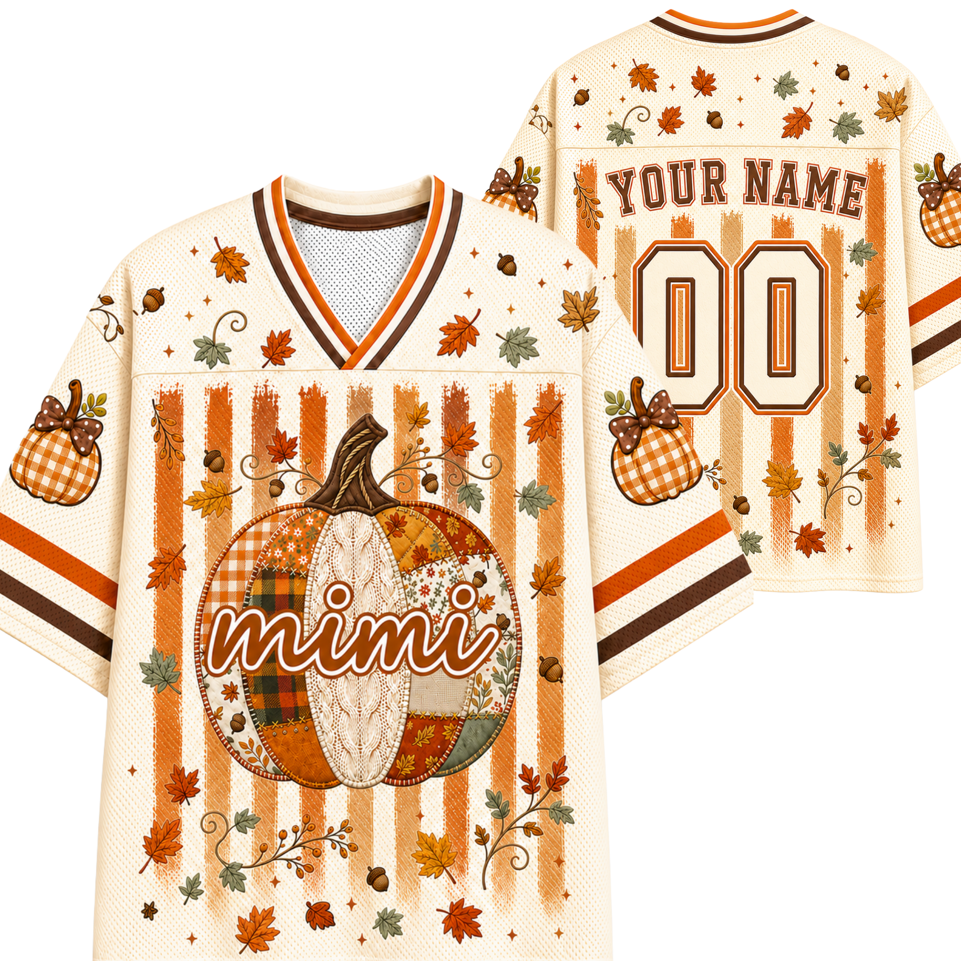 A custom fall-themed football jersey shown from both the front and back. The jersey has a cream mesh base with orange and brown stripes, a large patchwork pumpkin graphic on the front with the name 'mimi' in script, and 'YOUR NAME' and '00' placeholders on the back.