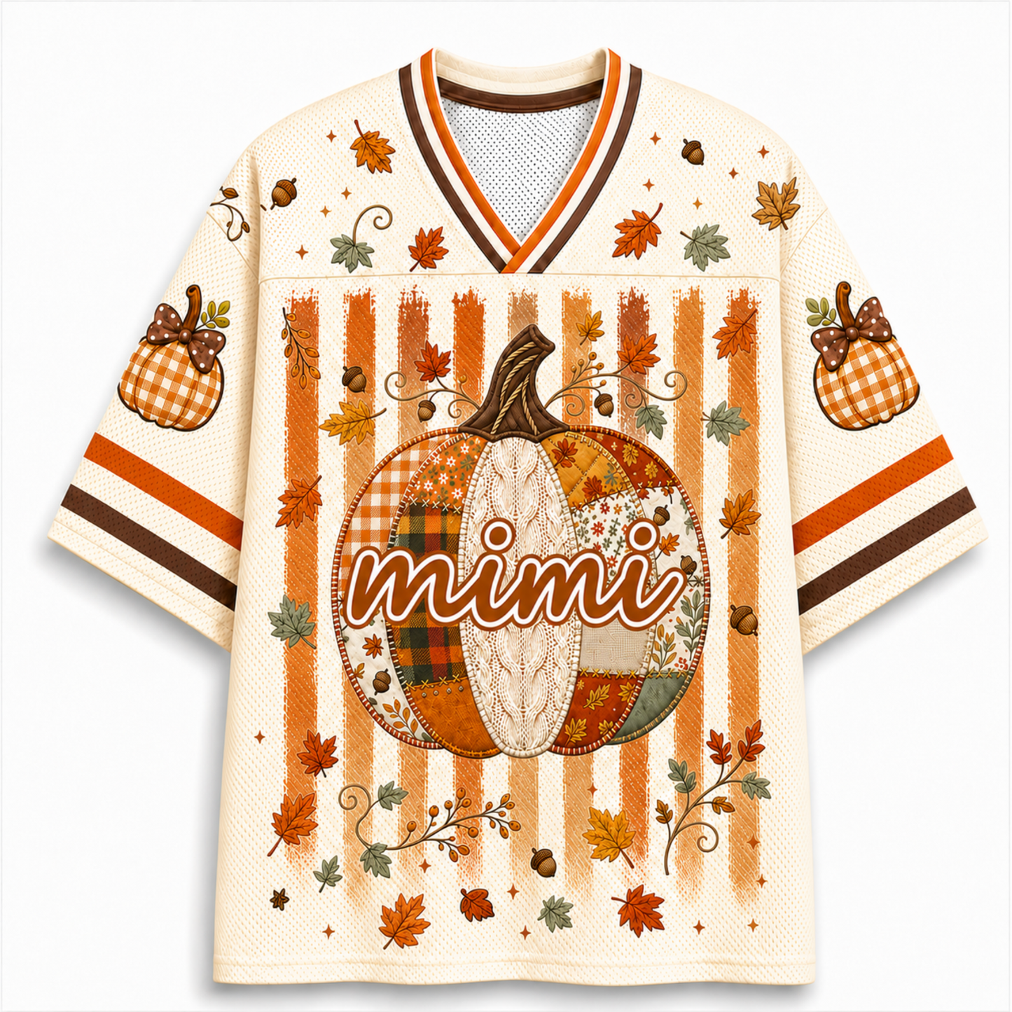 A cream-colored mesh V-neck jersey with an all-over autumn theme, featuring a large patchwork pumpkin with the word 'mimi' across the center, orange and brown vertical stripes, scattered fall leaves, and gingham pumpkin motifs on the sleeves.