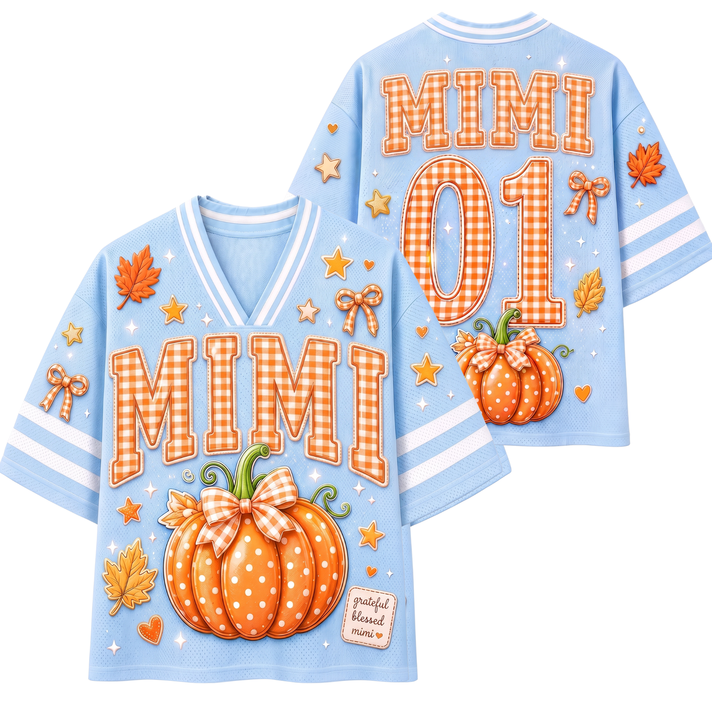 A light blue short-sleeve V-neck jersey-style top shown from both front and back, decorated with orange gingham 'MIMI' lettering, large orange pumpkin graphics with bows, white stars, fall leaves, and white sleeve stripes. The back also shows 'MIMI 01' in orange gingham.
