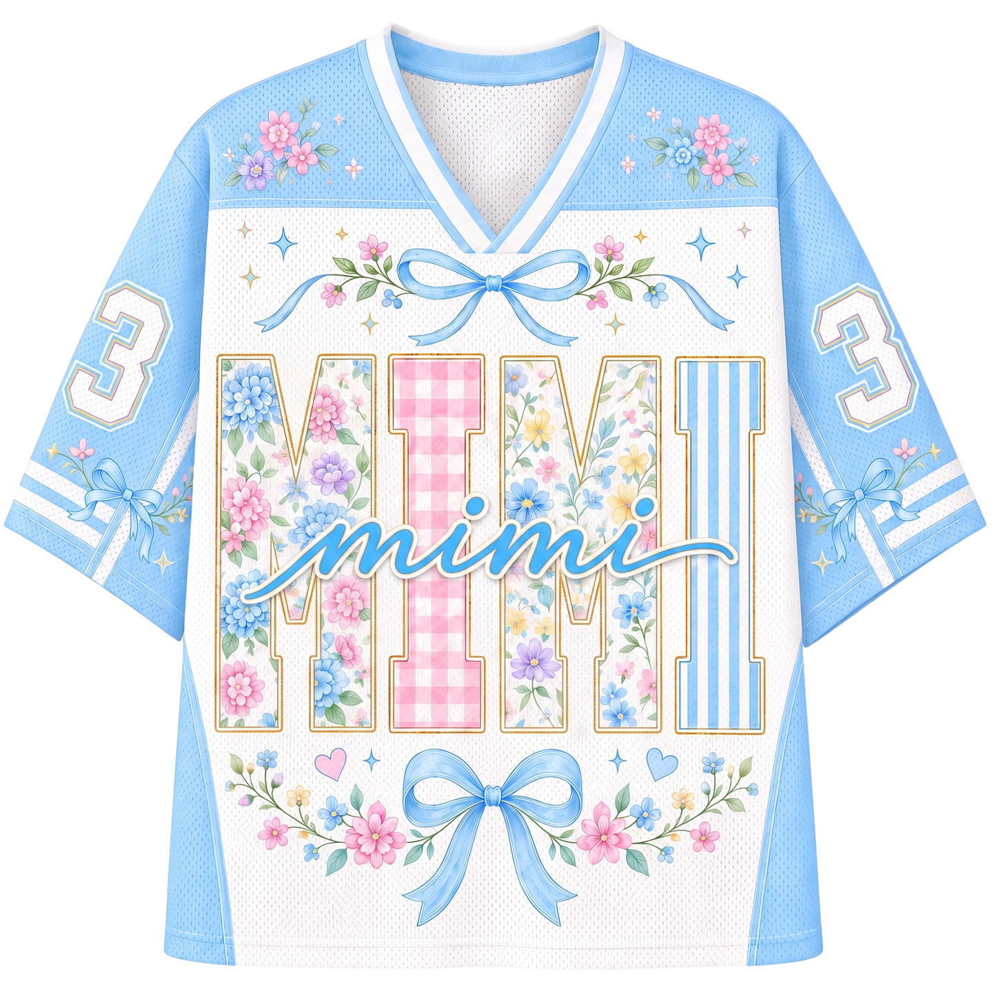 A light blue and white mesh football-style jersey with a V-neck, featuring the word 'mimi' in script across the front, large decorative block letters spelling 'MIMI' filled with floral and gingham patterns, blue bows, stars, and the number 3 on both sleeves.