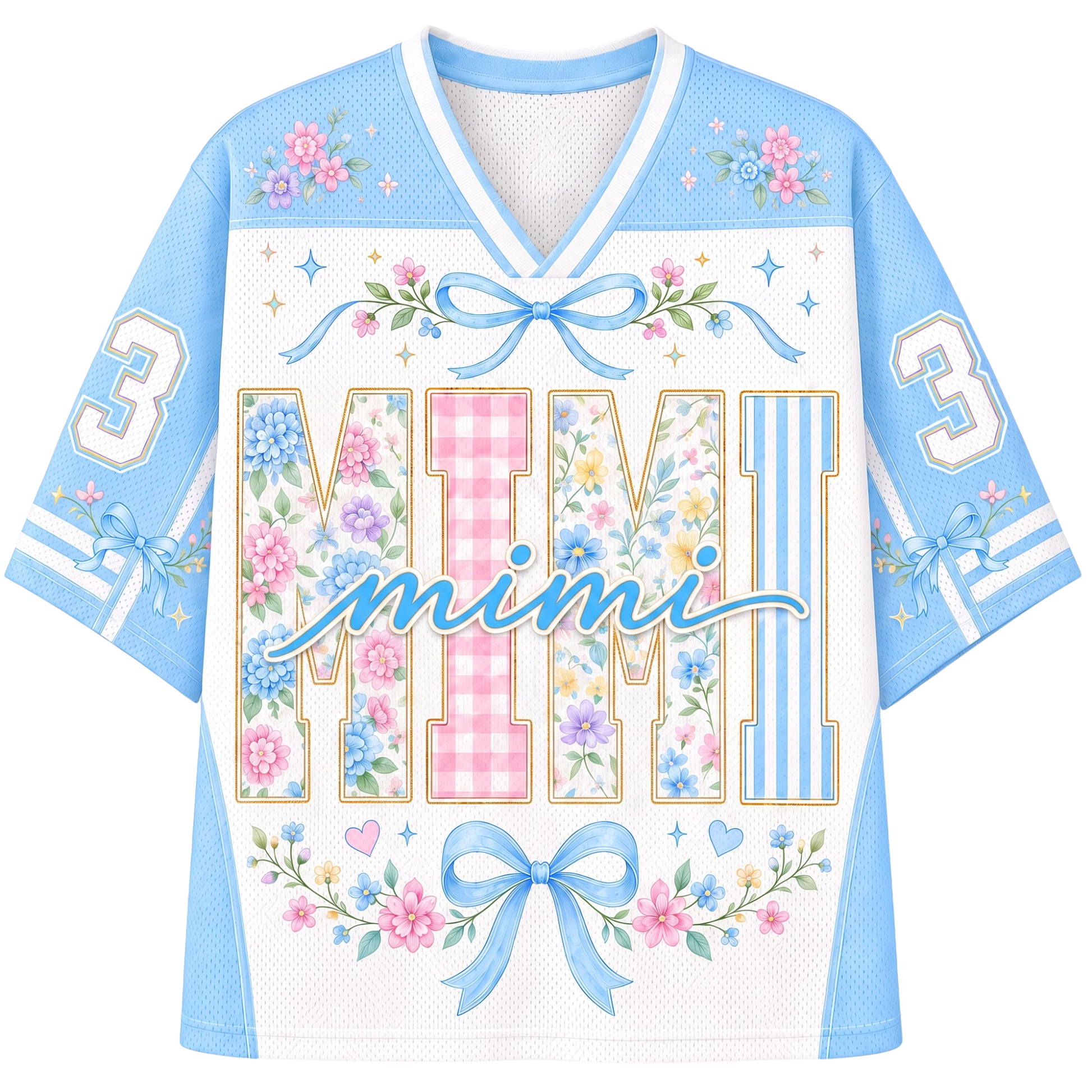 A light blue and white mesh football-style jersey with a V-neck, featuring the word 'mimi' in script across the front, large decorative block letters spelling 'MIMI' filled with floral and gingham patterns, blue bows, stars, and the number 3 on both sleeves.