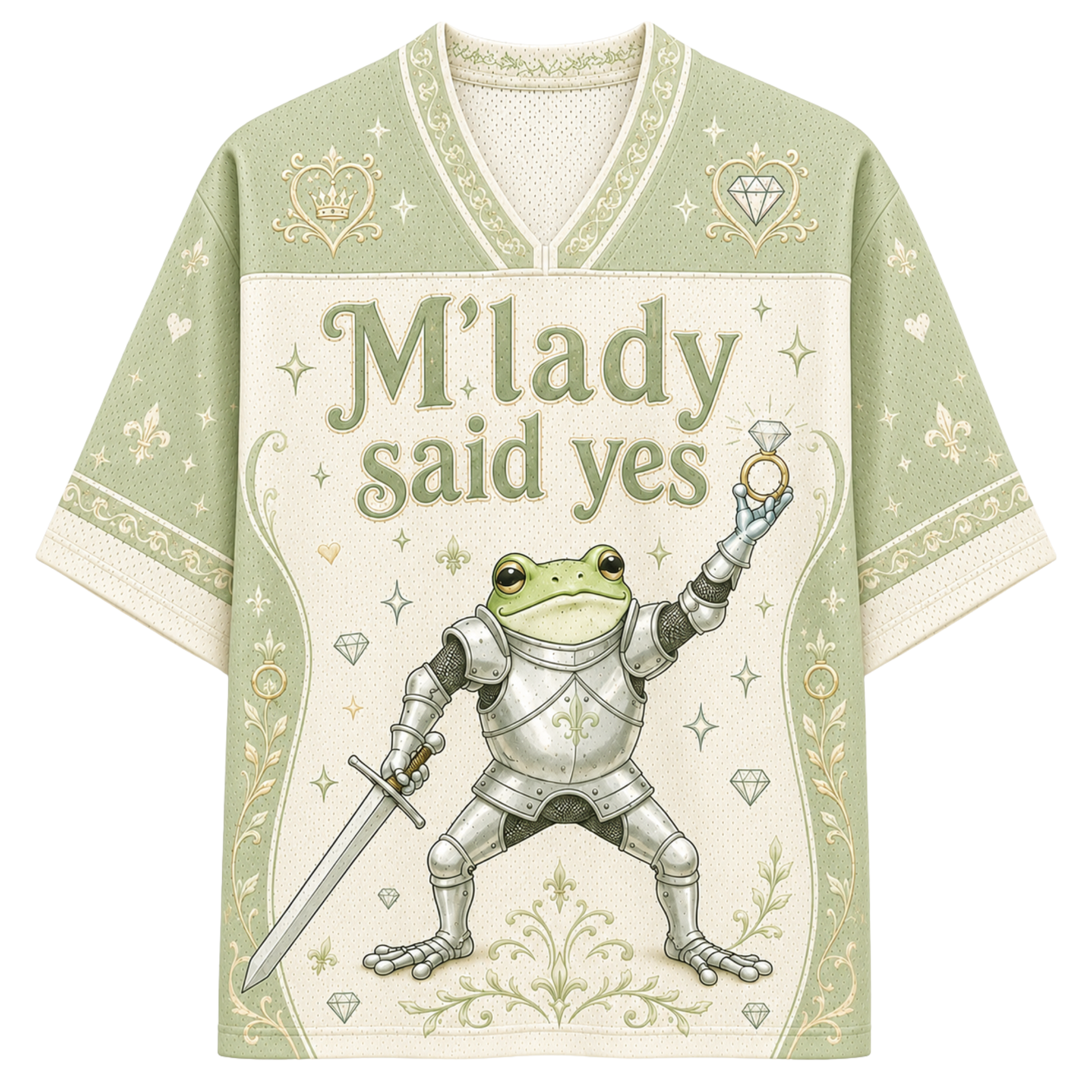 A short-sleeve V-neck t-shirt with a light sage green and cream color scheme, featuring a graphic of a knight in silver armor holding a sword and a diamond ring, with the text 'M'lady said yes' on the front.