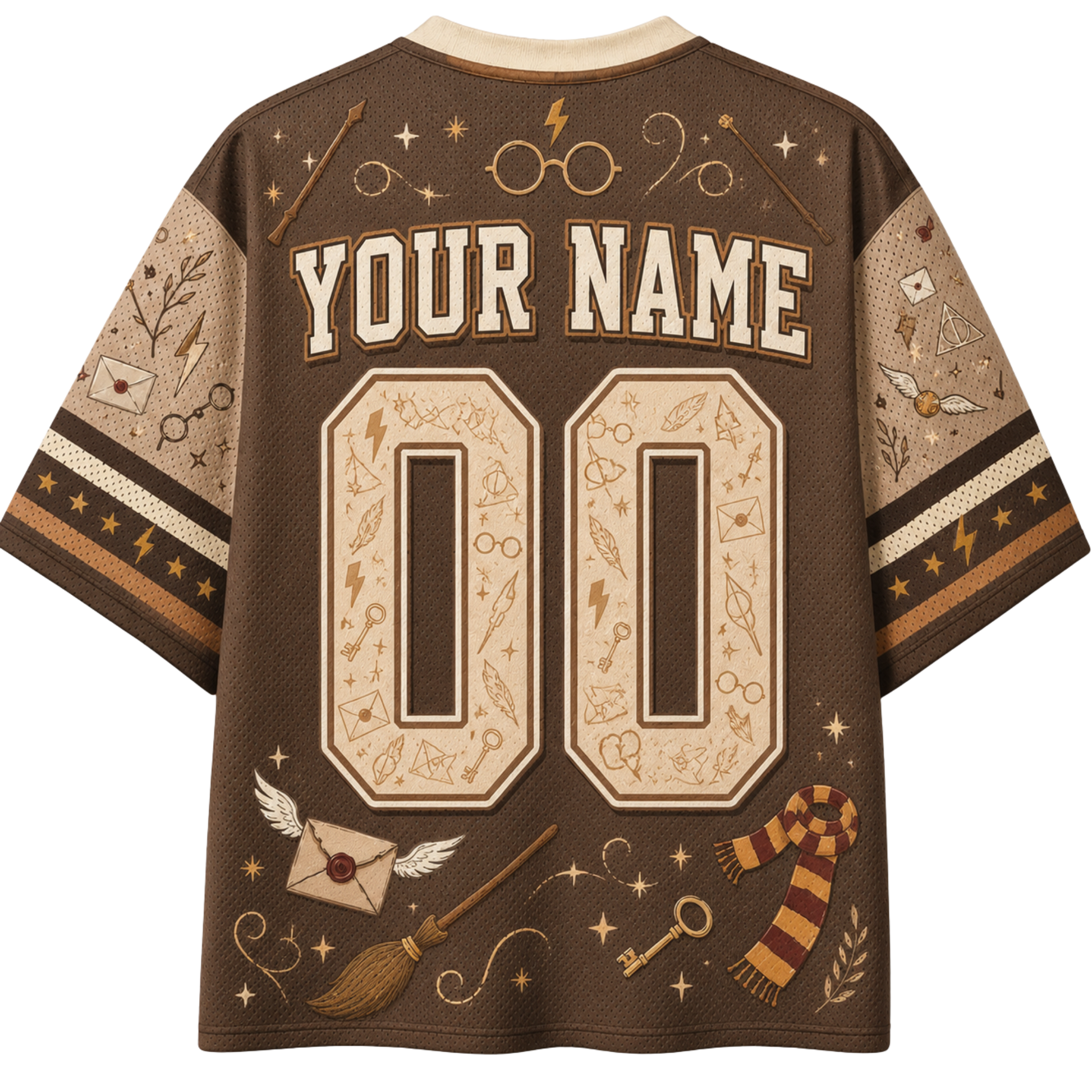 A brown short-sleeve t-shirt with a Harry Potter themed back design, featuring customizable text 'YOUR NAME' and number '00' in a beige font, surrounded by wand, broom, and lightning bolt motifs.