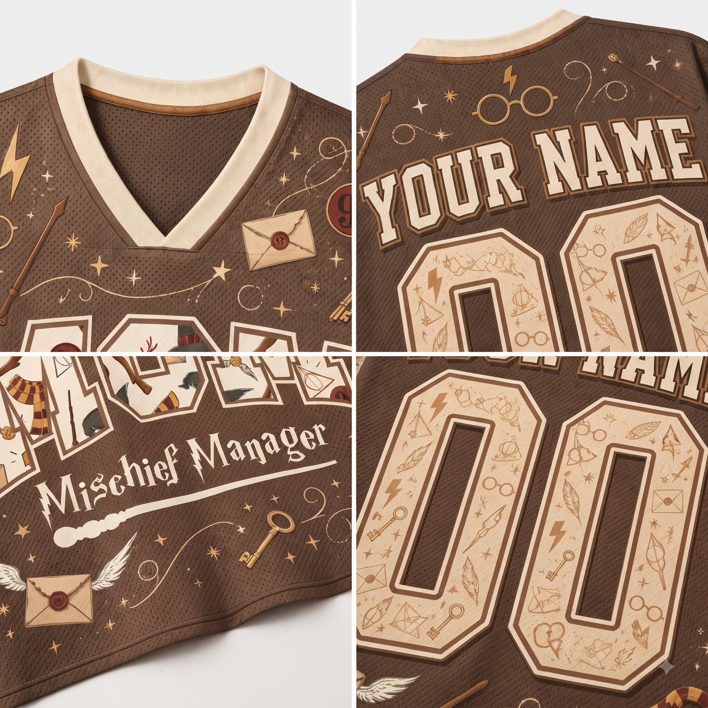 A brown V-neck jersey shown in a four-panel collage, featuring cream-colored graphics and text including 'YOUR NAME', 'Mischief Manager', and large customizable numbers. The design includes witch-hat motifs, stars, lightning bolts, and envelope illustrations.