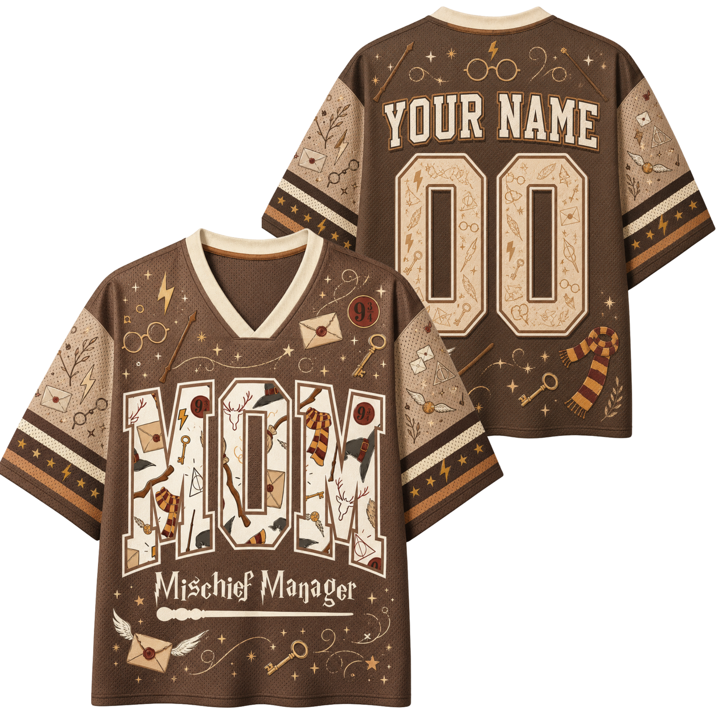 Front and back views of a brown short-sleeve V-neck t-shirt with Harry Potter themed graphics, including 'Mischief Manager' text, wand, key, and owl illustrations, with customizable 'YOUR NAME' and '00' on the back.