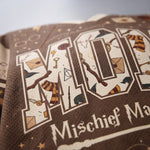 Close-up of a brown knit garment featuring large decorative letters filled with whimsical illustrations and the text 'Mischief Ma.