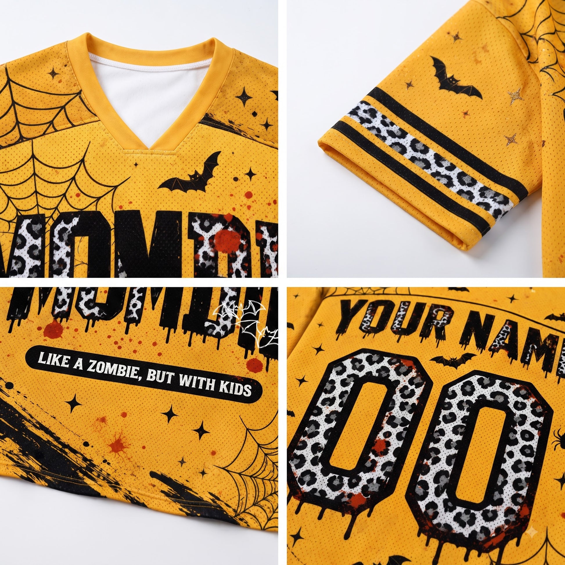 A yellow V-neck t-shirt with a Halloween zombie theme, shown in a four-panel collage highlighting details: the front graphic with 'ZOMBIE' in leopard print, a sleeve with black stripes and leopard print, the front text 'LIKE A ZOMBIE, BUT WITH KIDS', and a customizable back graphic with 'YOUR NAME' and leopard print numbers '00'.