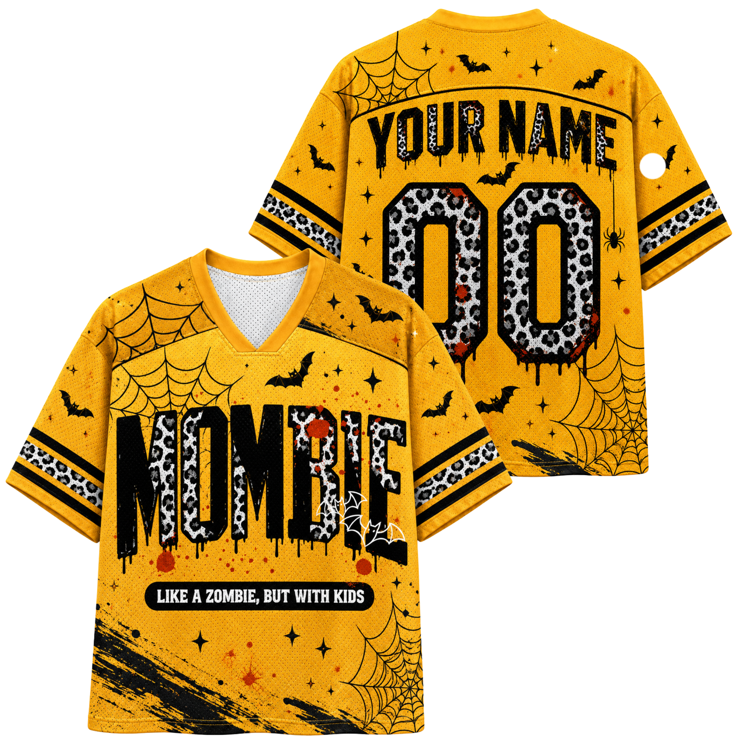 A yellow short-sleeve V-neck jersey shown from the front and back, decorated with Halloween graphics including spiderwebs, black bats, splatters, and leopard-print lettering that reads 'NOMIE' and 'YOUR NAME' with '00' on the back.