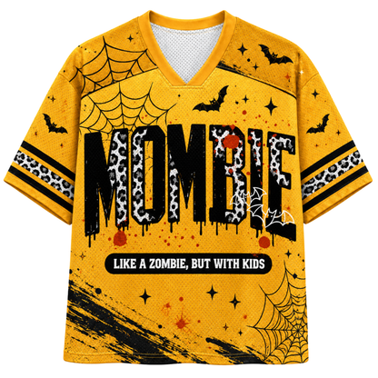 A short-sleeve V-neck football-style shirt with a Halloween theme. The upper chest and shoulders are beige, while the lower body and sleeves are dark brown.