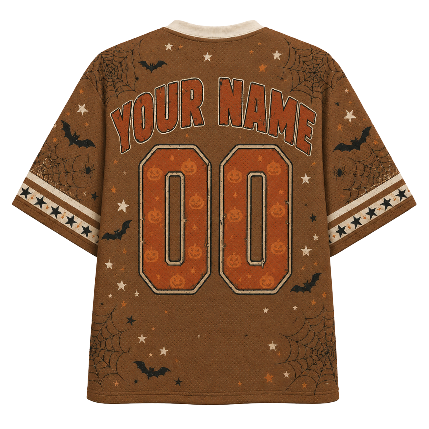 A brown short-sleeve t-shirt with a Halloween theme, featuring customizable text 'YOUR NAME' and '00' on the back in orange and white, decorated with orange jack-o'-lanterns, black bats, spiderwebs, and white stars.