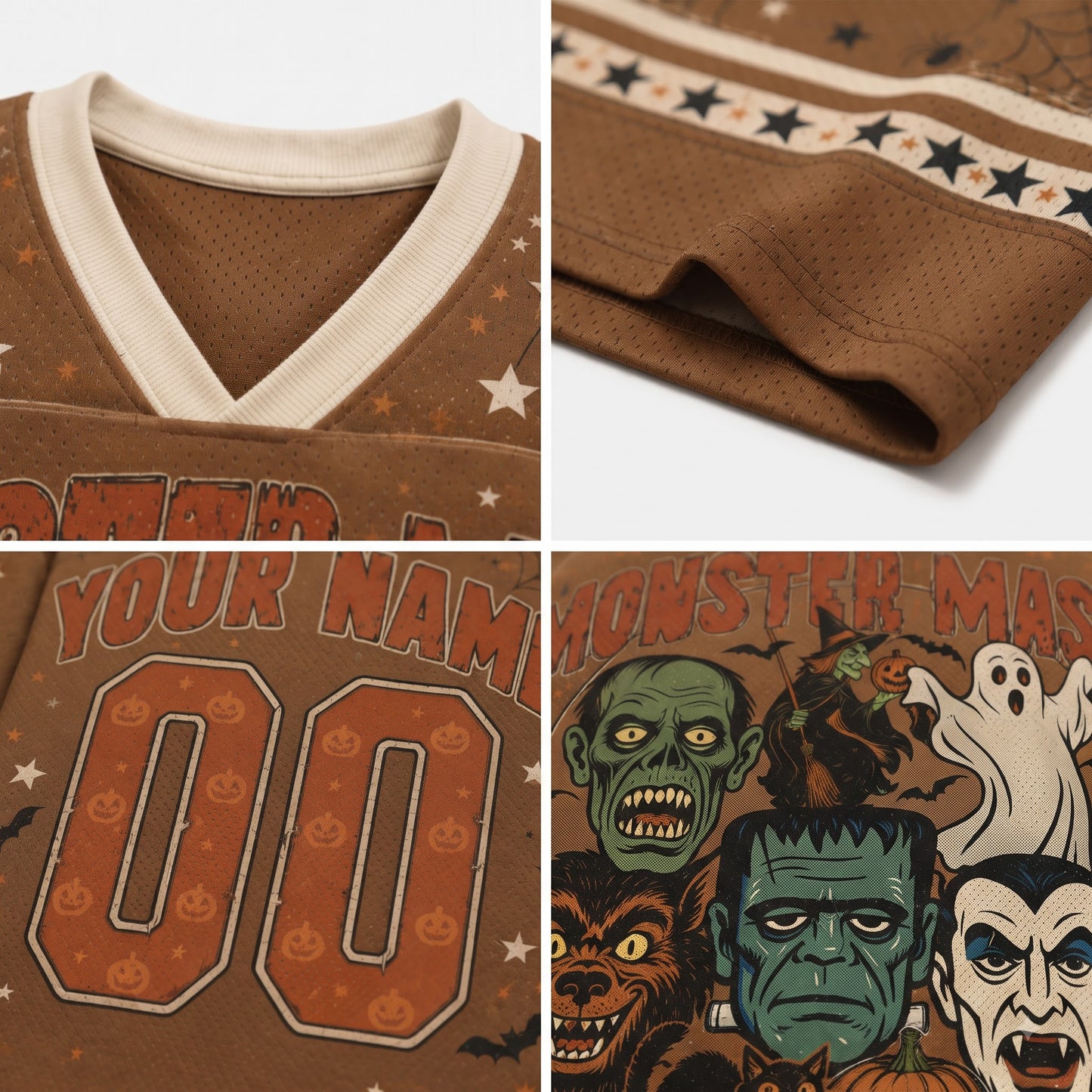 A four-panel close-up collage of a brown Halloween-themed football jersey. The top-left panel shows the cream V-neck collar and inner mesh lining.