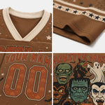 A four-panel close-up collage of a brown Halloween-themed football jersey. The top-left panel shows the cream V-neck collar and inner mesh lining.