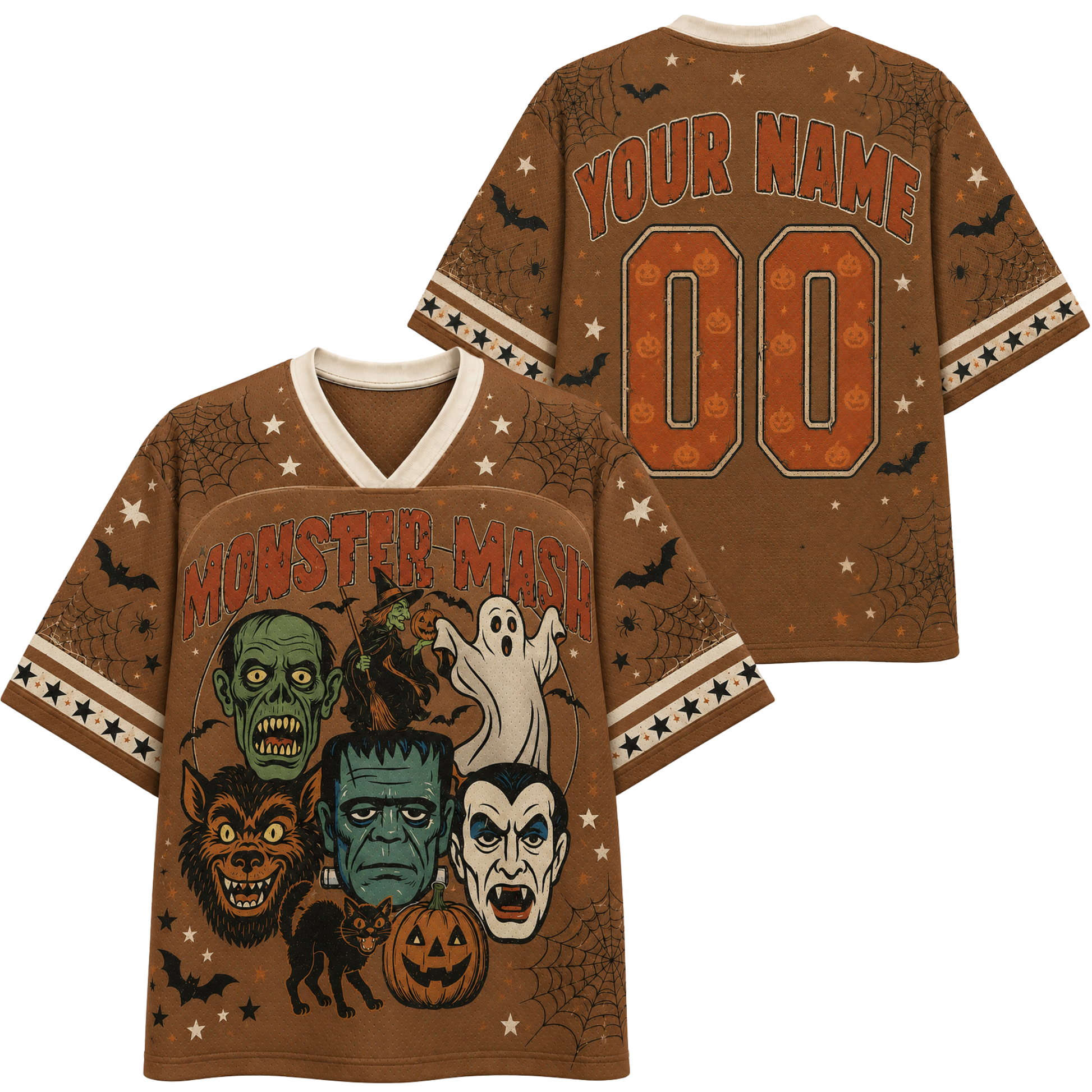 A brown short-sleeve V-neck t-shirt with a Halloween graphic print, shown in both front and back views. The front features 'MONSTER MASH' in orange text above a collage of classic horror characters including Frankenstein, Dracula, the Lurcher, a zombie, a ghost, a werewolf, and a jack-o'-lantern.
